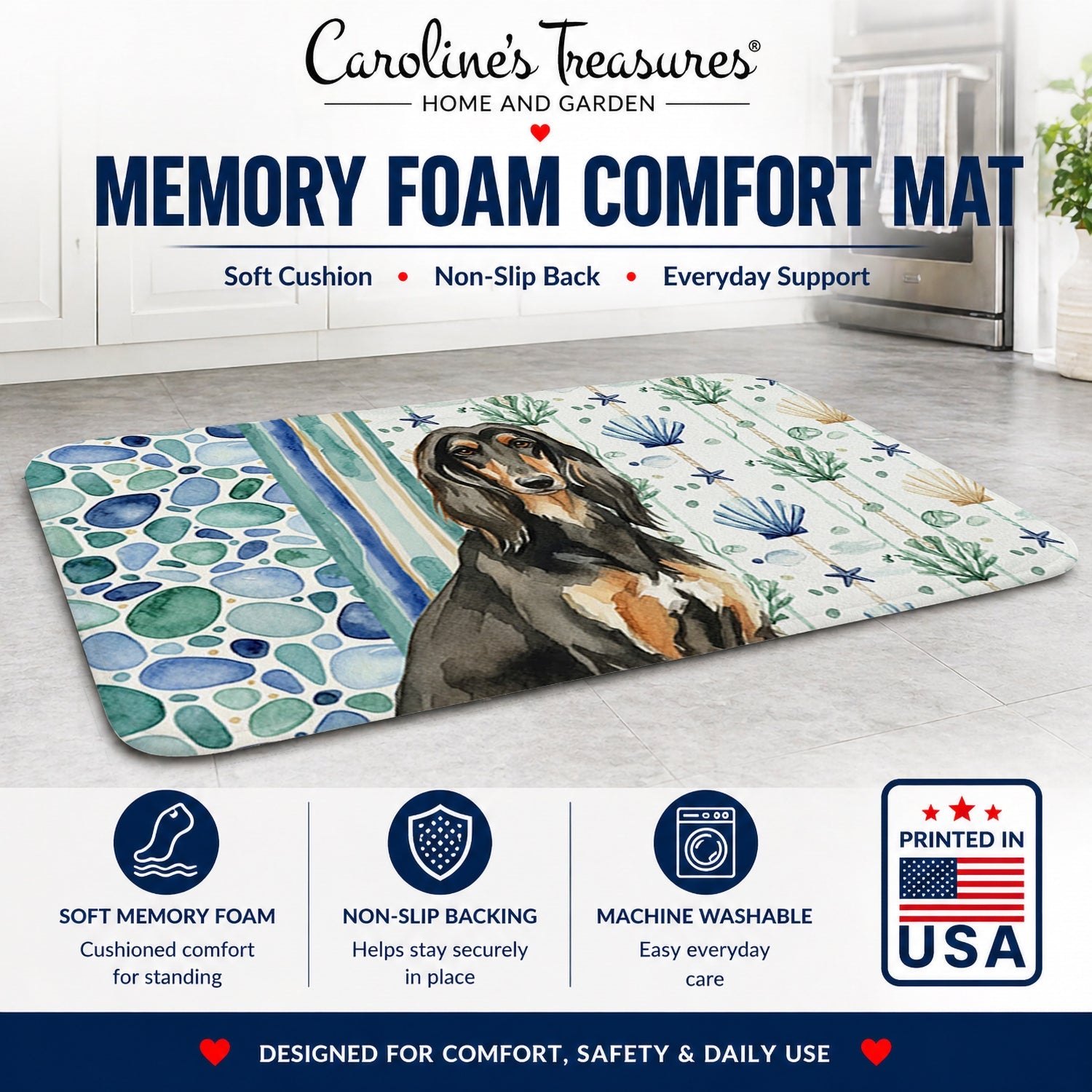 Black & Tan Afghan Hound Coastal Sea Glass Memory Foam Kitchen Mat Machine Washable Anti-Fatigue Cushion Comfort Bath or Kitchen Rug