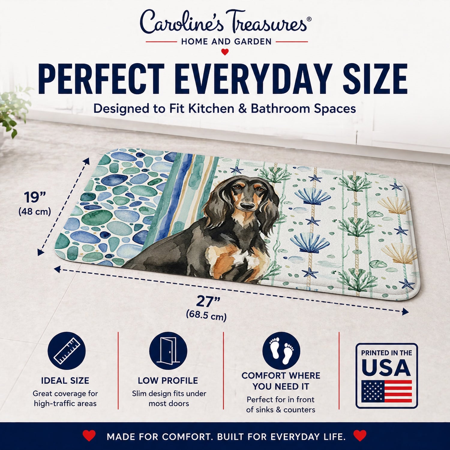 Black & Tan Afghan Hound Coastal Sea Glass Memory Foam Kitchen Mat Machine Washable Anti-Fatigue Cushion Comfort Bath or Kitchen Rug