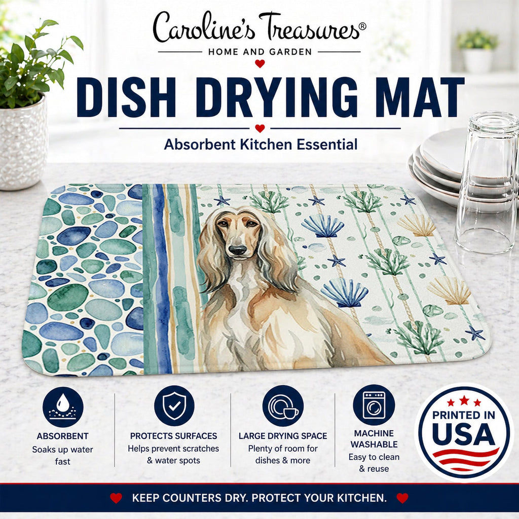 Afghan Hound Coastal Sea Glass Dish Drying Mat Absorbent Dish Drying Mat Pad for Kitchen Counter Dish Drainer Mat for Countertop, 14 x 21", Multicolor