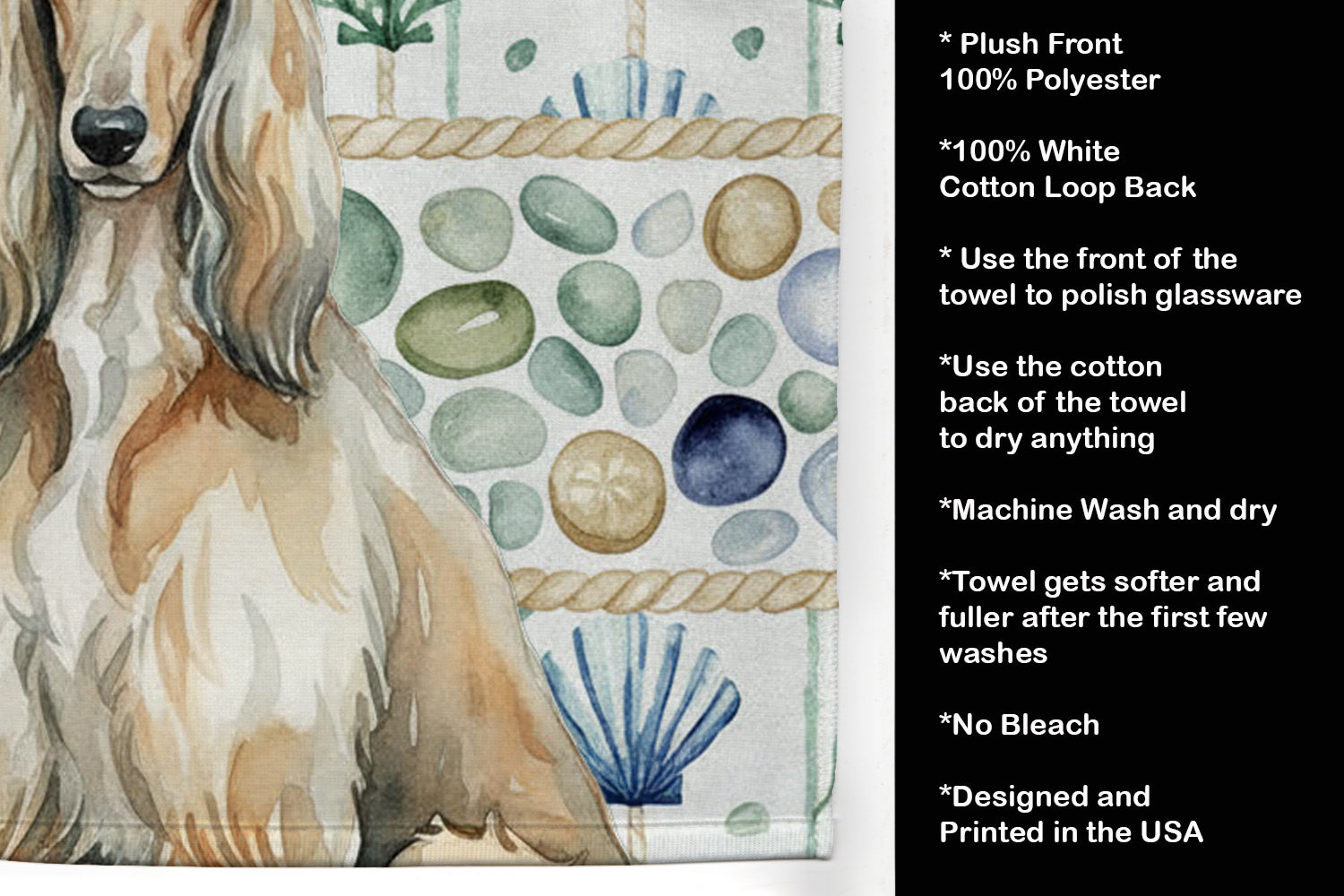 Afghan Hound Coastal Sea Glass Kitchen Towel Velour Plush Front and Cotton Loop Back Machine Washable