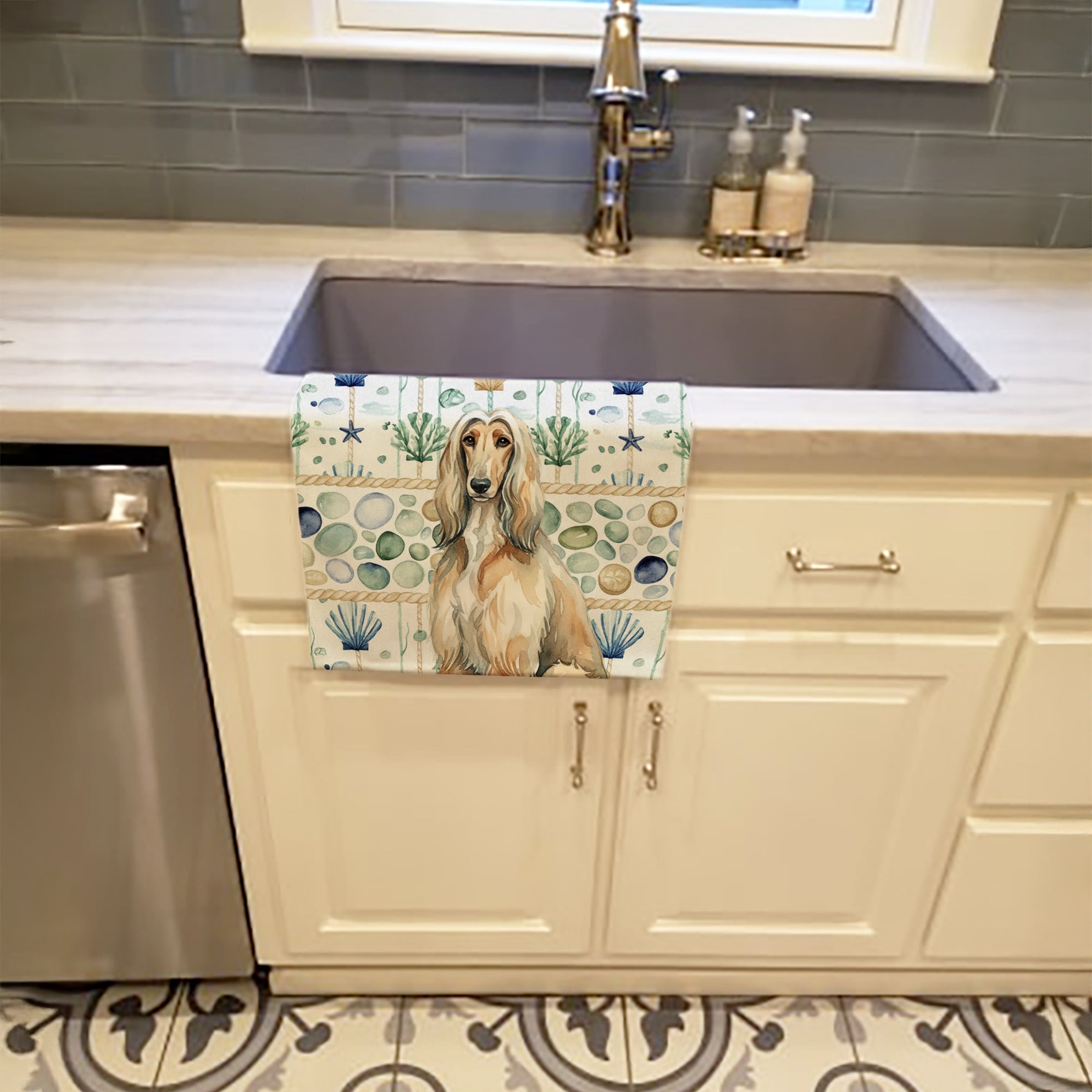 Afghan Hound Coastal Sea Glass Kitchen Towel Velour Plush Front and Cotton Loop Back Machine Washable