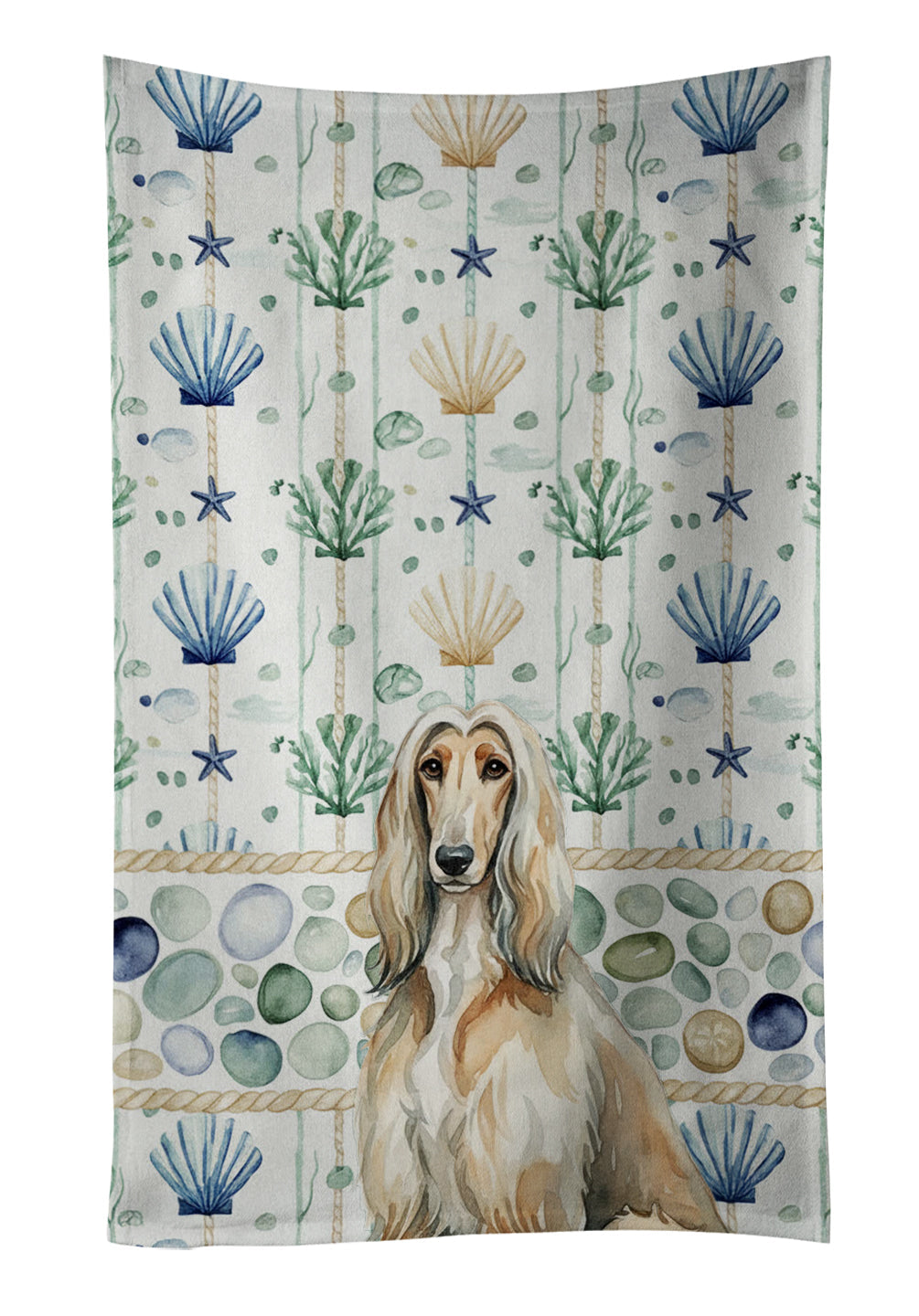 Afghan Hound Coastal Sea Glass Kitchen Towel Velour Plush Front and Cotton Loop Back Machine Washable