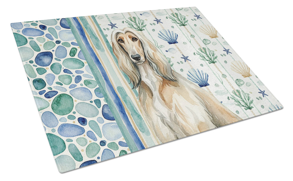 Afghan Hound Coastal Sea Glass Cutting Board Tempered Glass Kitchen Cutting Surface, Heat Resistant Chopping, Non-Slip Feet, Food Prep & Serving