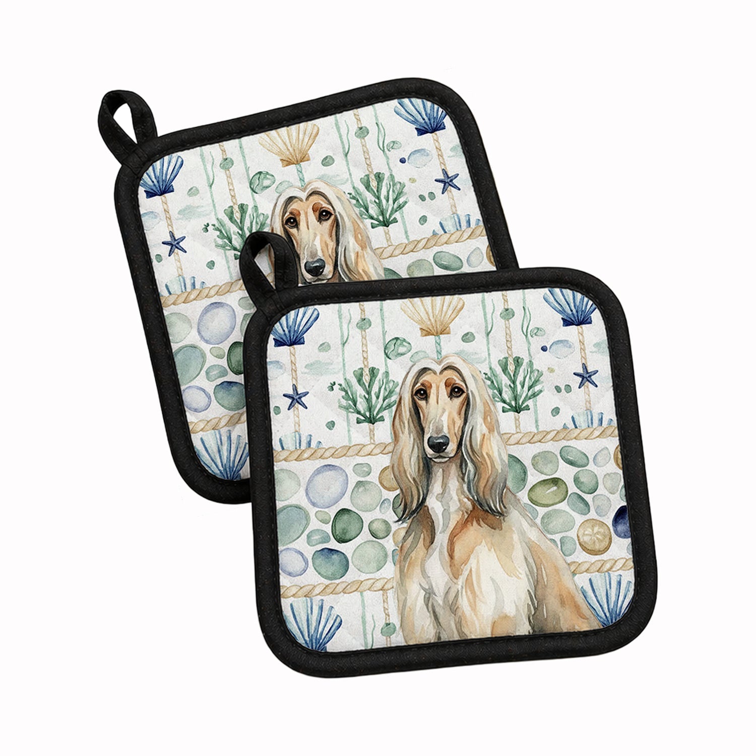 Afghan Hound Coastal Sea Glass Pot Holder Set of 2 Heat Resistant Quilted Hot Pads 7.5 x 7.5 Inch, Insulated Kitchen Trivets for Cooking & Baking