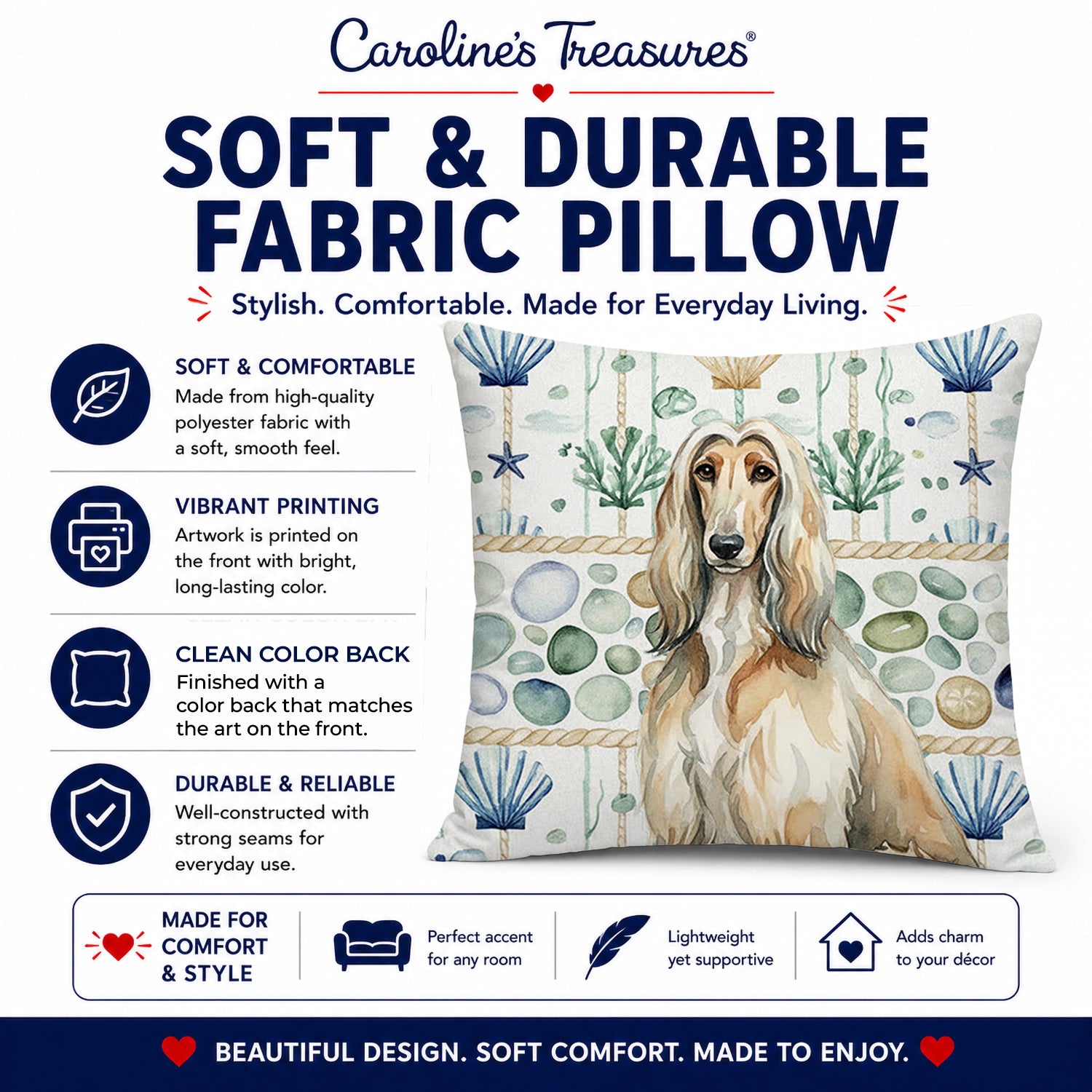 Afghan Hound Coastal Sea Glass Decorative Throw Pillow 14x14 Indoor Outdoor Accent Cushion, Fabric Cover with Insert for Sofa, Bed, Porch & Living Room