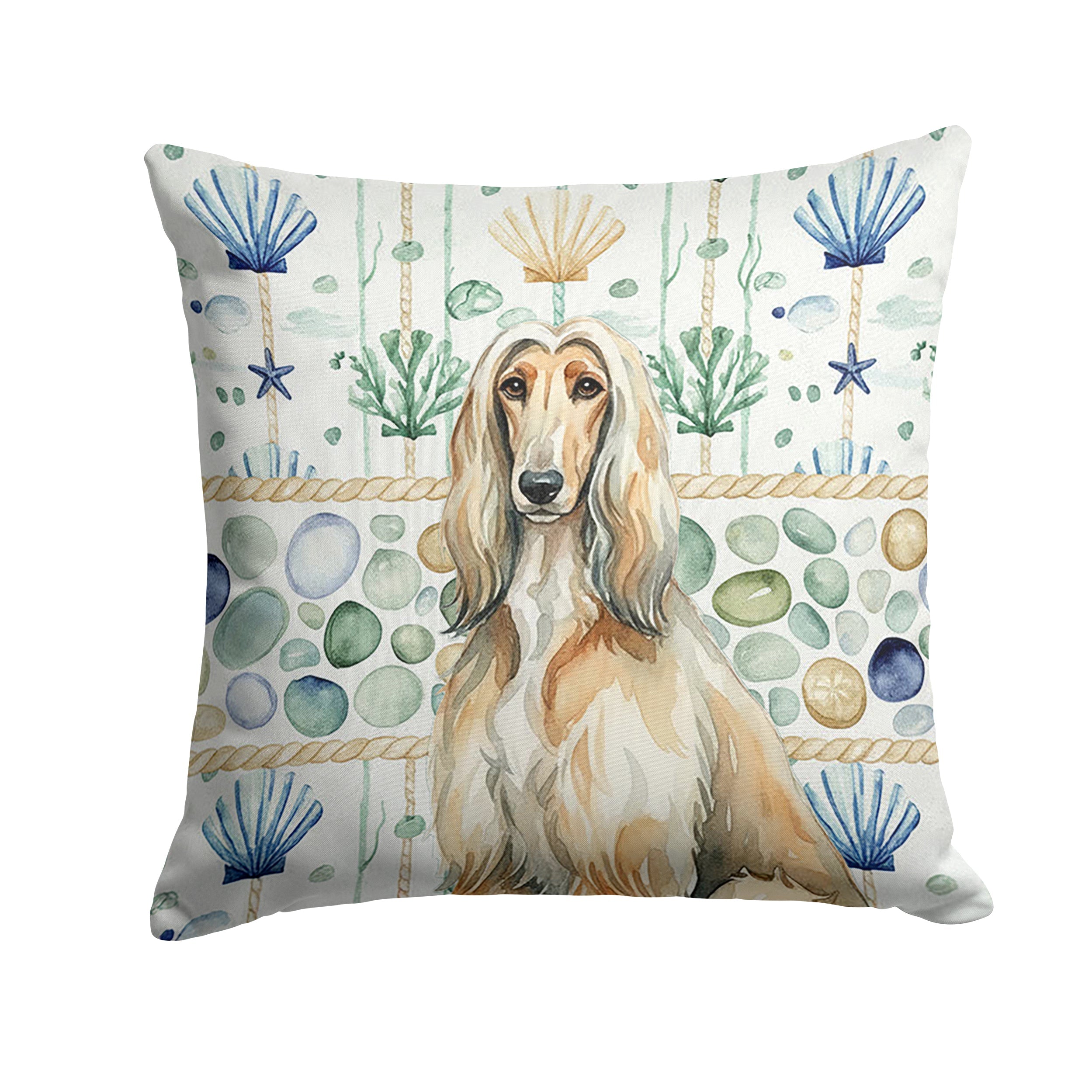 Afghan Hound Coastal Sea Glass Decorative Throw Pillow 18x18 Indoor Outdoor Accent Cushion, Fabric Cover with Insert for Sofa, Bed, Porch & Living Room