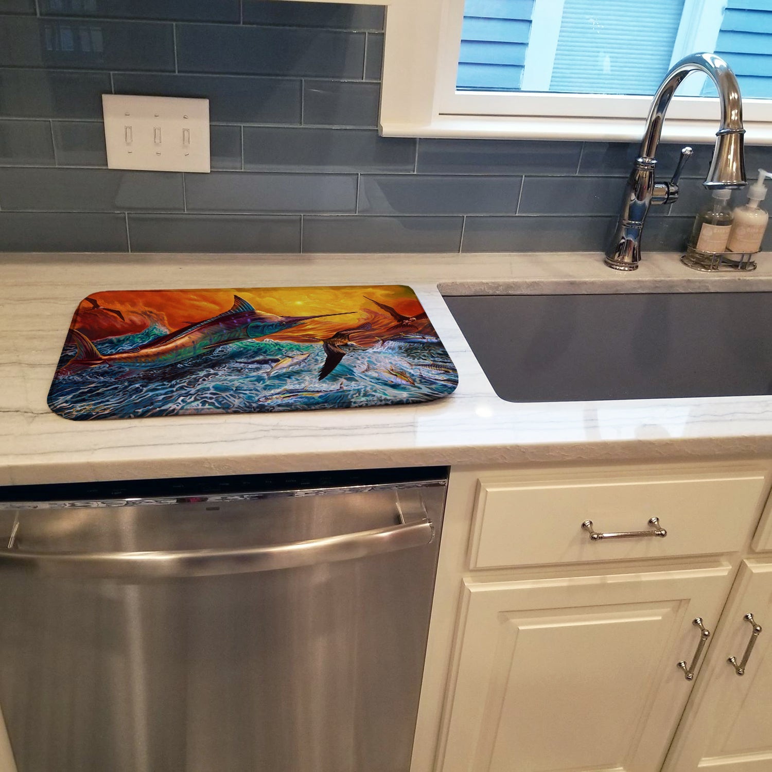 Airedale Terrier Coastal Sea Glass Dish Drying Mat Absorbent Dish Drying Mat Pad for Kitchen Counter Dish Drainer Mat for Countertop, 14 x 21", Multicolor