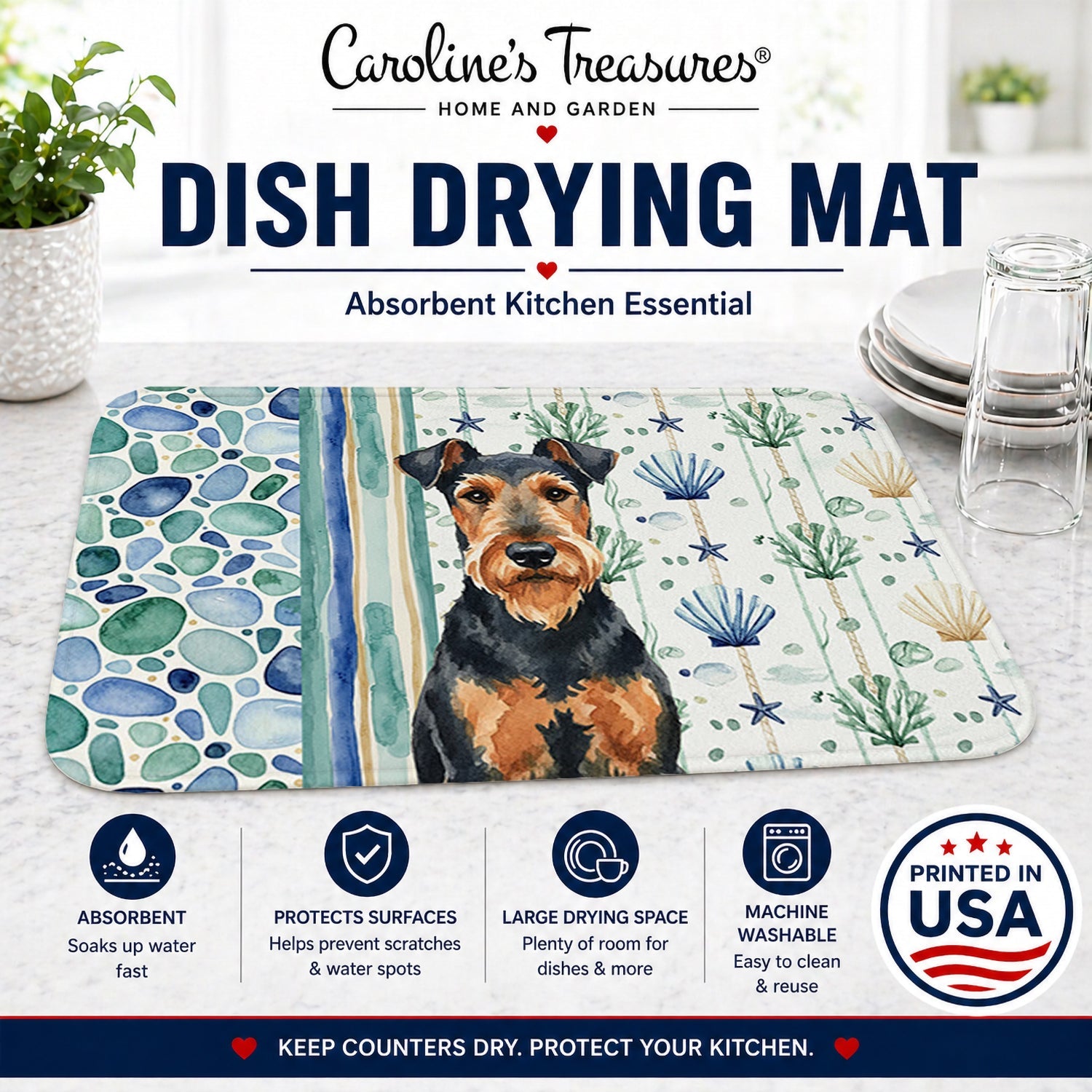 Airedale Terrier Coastal Sea Glass Dish Drying Mat Absorbent Dish Drying Mat Pad for Kitchen Counter Dish Drainer Mat for Countertop, 14 x 21", Multicolor