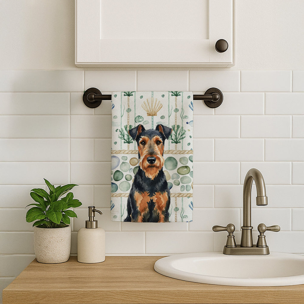 Airedale Terrier Coastal Sea Glass Kitchen Towel Velour Plush Front and Cotton Loop Back Machine Washable