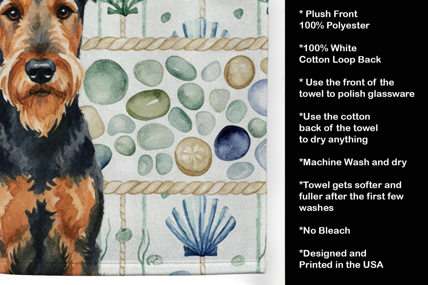 Airedale Terrier Coastal Sea Glass Kitchen Towel Velour Plush Front and Cotton Loop Back Machine Washable