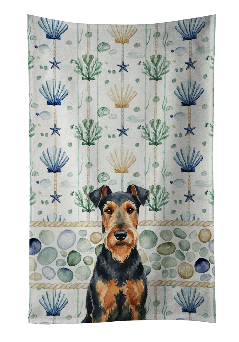 Airedale Terrier Coastal Sea Glass Kitchen Towel Velour Plush Front and Cotton Loop Back Machine Washable