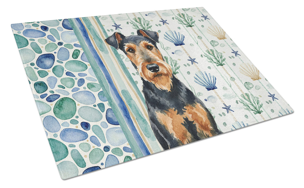 Airedale Terrier Coastal Sea Glass Cutting Board Tempered Glass Kitchen Cutting Surface, Heat Resistant Chopping, Non-Slip Feet, Food Prep & Serving