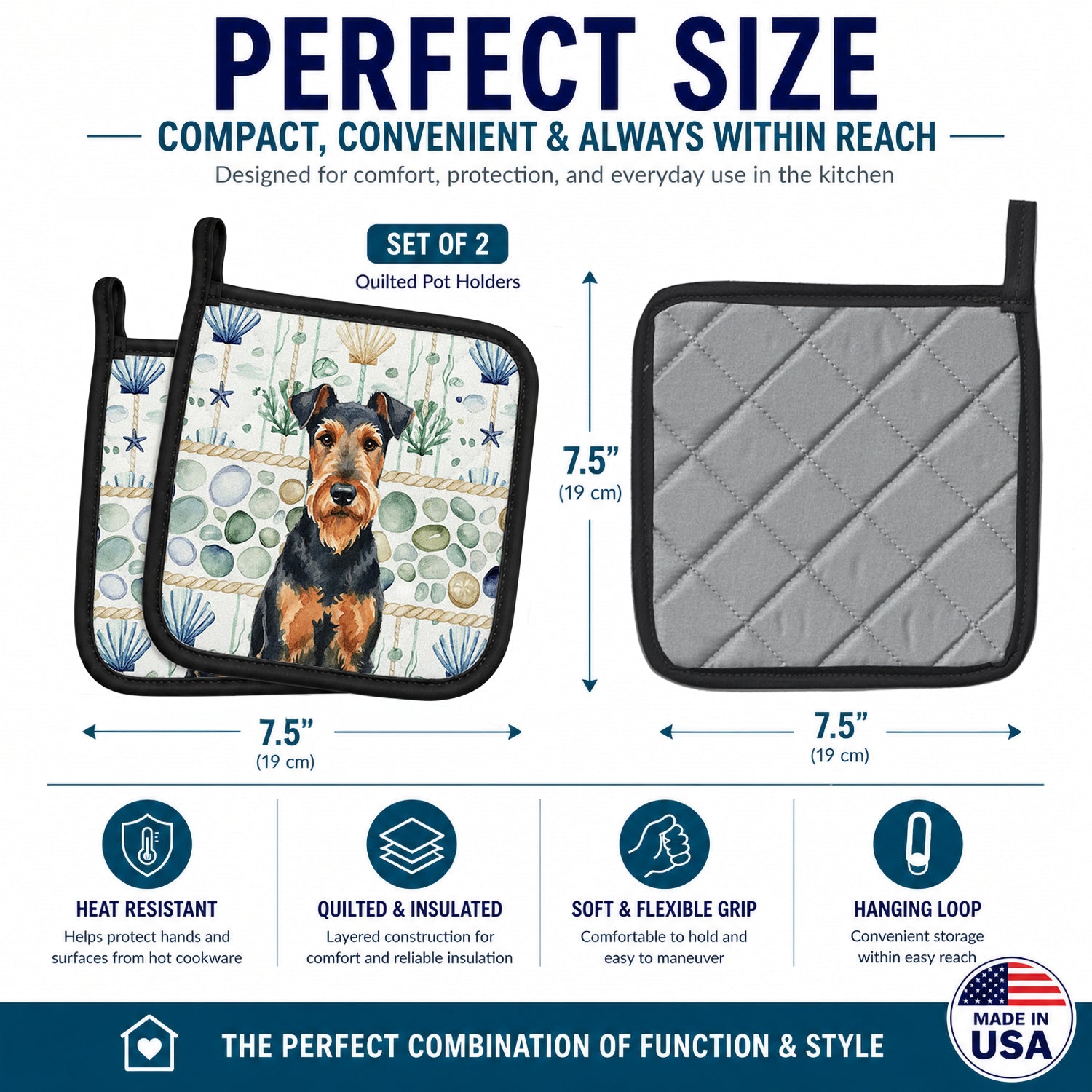 Airedale Terrier Coastal Sea Glass Pot Holder Set of 2 Heat Resistant Quilted Hot Pads 7.5 x 7.5 Inch, Insulated Kitchen Trivets for Cooking & Baking