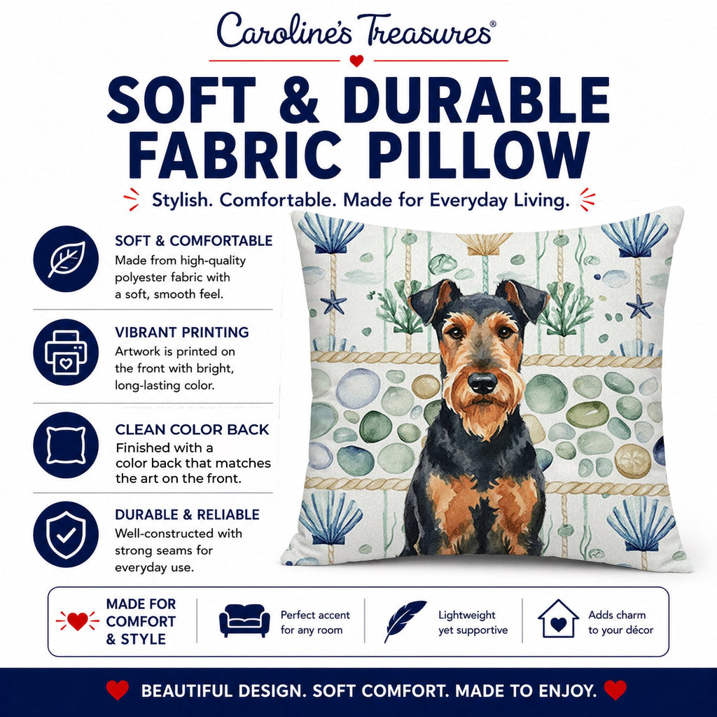 Airedale Terrier Coastal Sea Glass Decorative Throw Pillow 14x14 Indoor Outdoor Accent Cushion, Fabric Cover with Insert for Sofa, Bed, Porch & Living Room