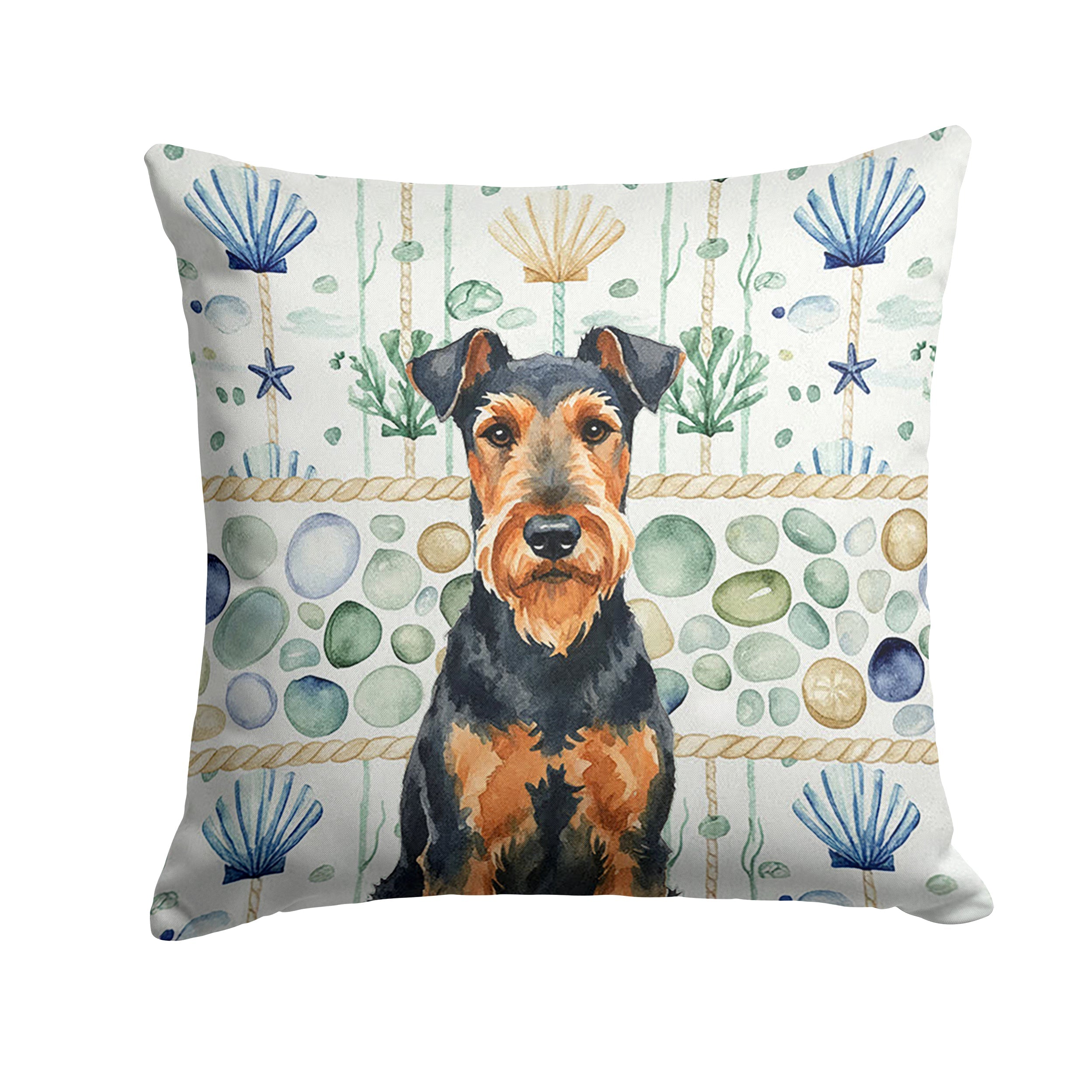 Airedale Terrier Coastal Sea Glass Decorative Throw Pillow 14x14 Indoor Outdoor Accent Cushion, Fabric Cover with Insert for Sofa, Bed, Porch & Living Room