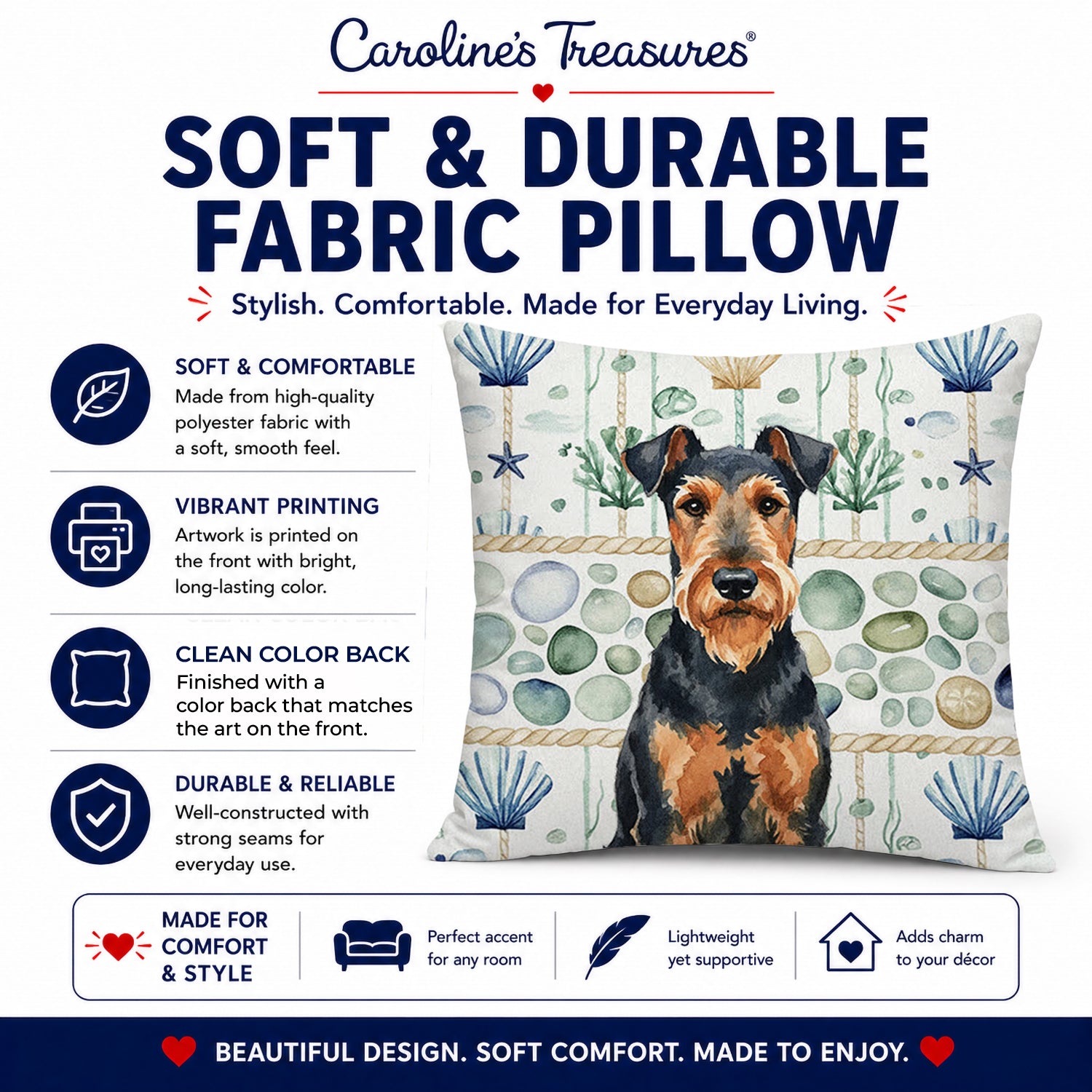 Airedale Terrier Coastal Sea Glass Decorative Throw Pillow 18x18 Indoor Outdoor Accent Cushion, Fabric Cover with Insert for Sofa, Bed, Porch & Living Room