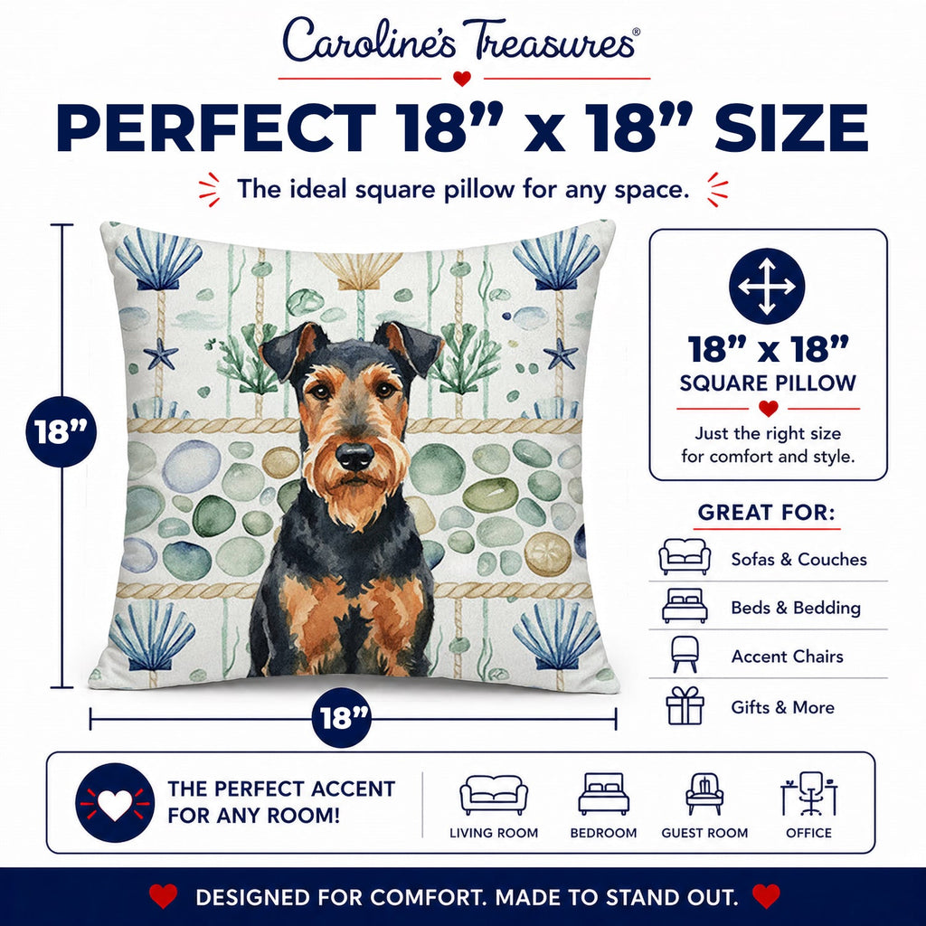 Airedale Terrier Coastal Sea Glass Decorative Throw Pillow 18x18 Indoor Outdoor Accent Cushion, Fabric Cover with Insert for Sofa, Bed, Porch & Living Room