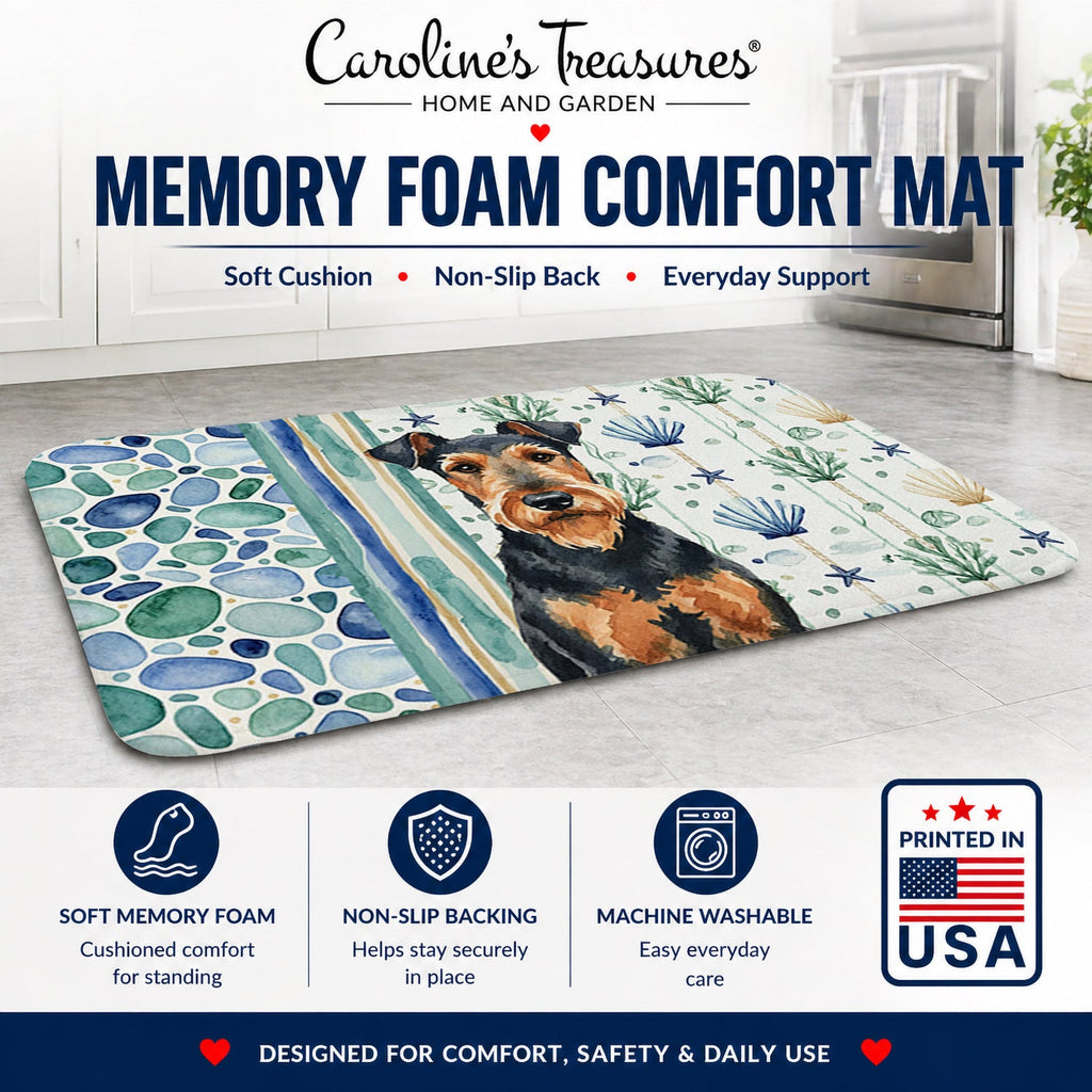Airedale Terrier Coastal Sea Glass Memory Foam Kitchen Mat Machine Washable Anti-Fatigue Cushion Comfort Bath or Kitchen Rug