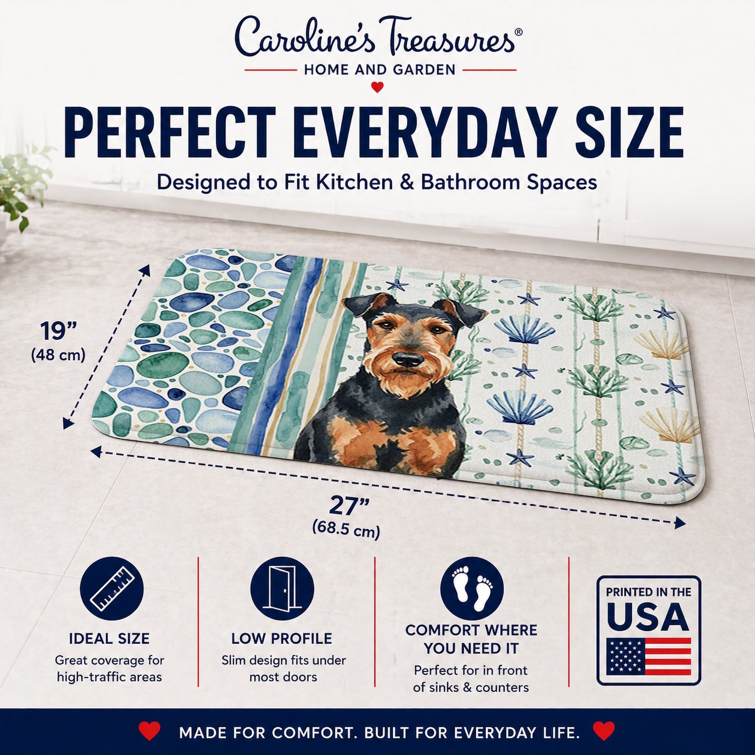 Airedale Terrier Coastal Sea Glass Memory Foam Kitchen Mat Machine Washable Anti-Fatigue Cushion Comfort Bath or Kitchen Rug