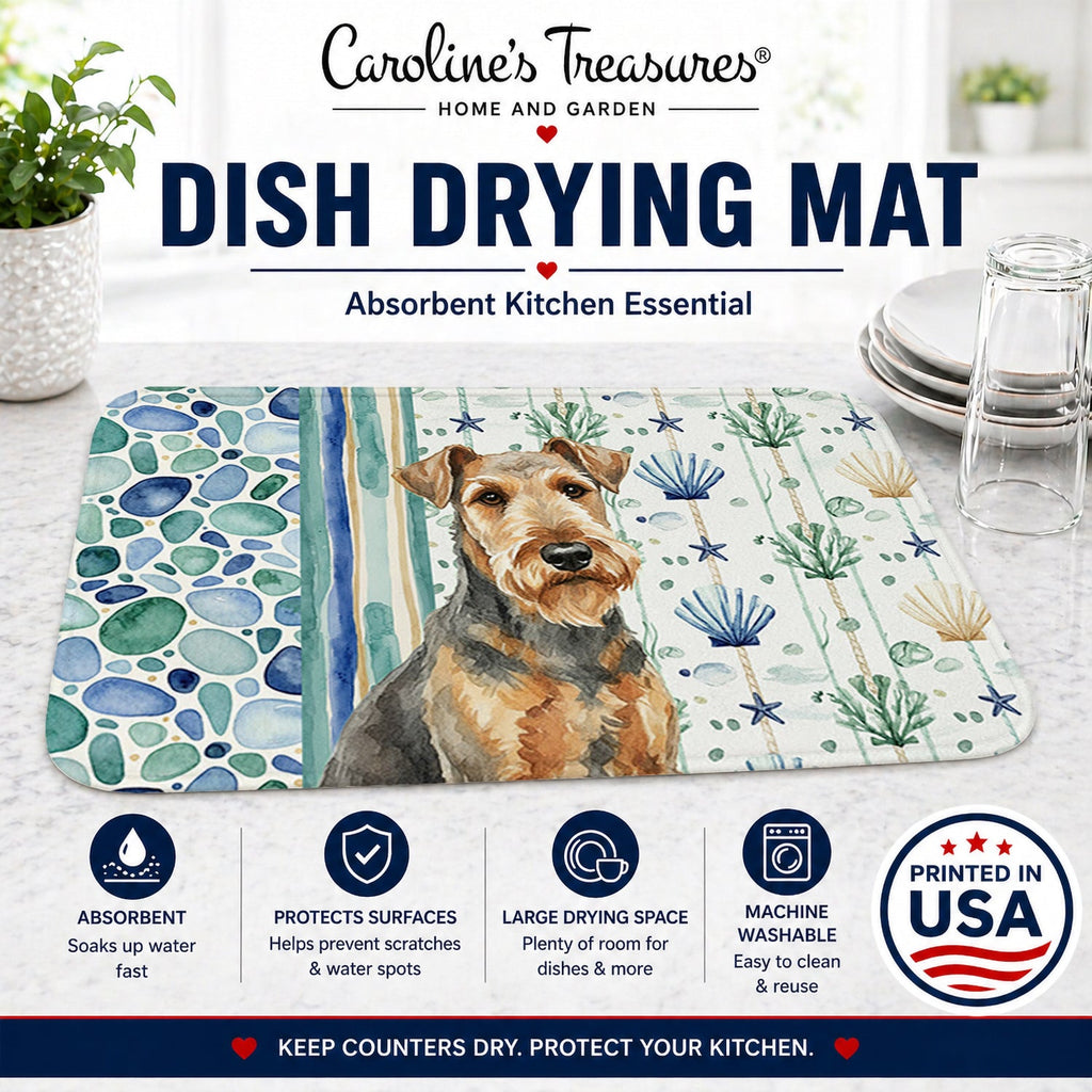 Grizzle Airedale Terrier Coastal Sea Glass Dish Drying Mat Absorbent Dish Drying Mat Pad for Kitchen Counter Dish Drainer Mat for Countertop, 14 x 21", Multicolor