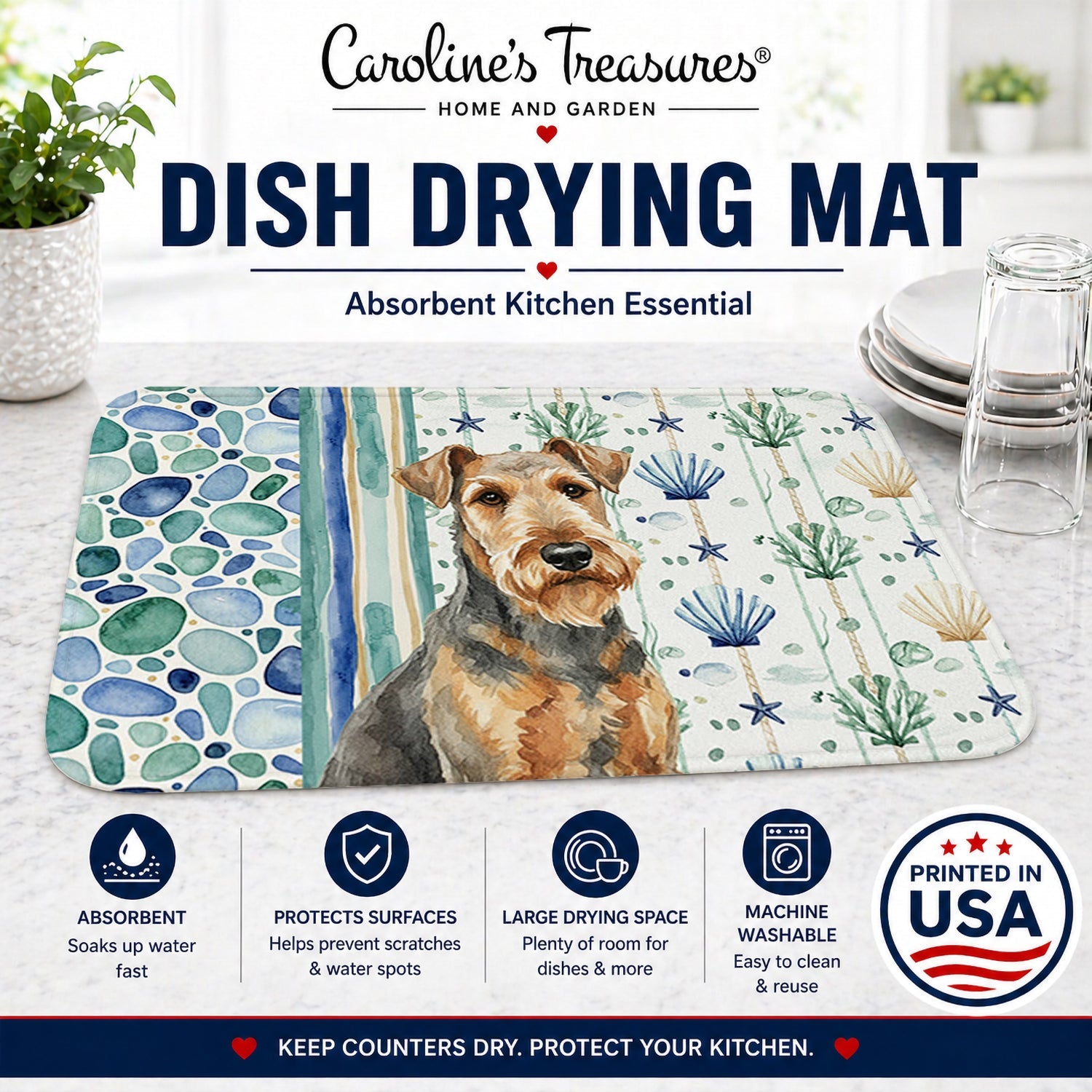 Grizzle Airedale Terrier Coastal Sea Glass Dish Drying Mat Absorbent Dish Drying Mat Pad for Kitchen Counter Dish Drainer Mat for Countertop, 14 x 21", Multicolor