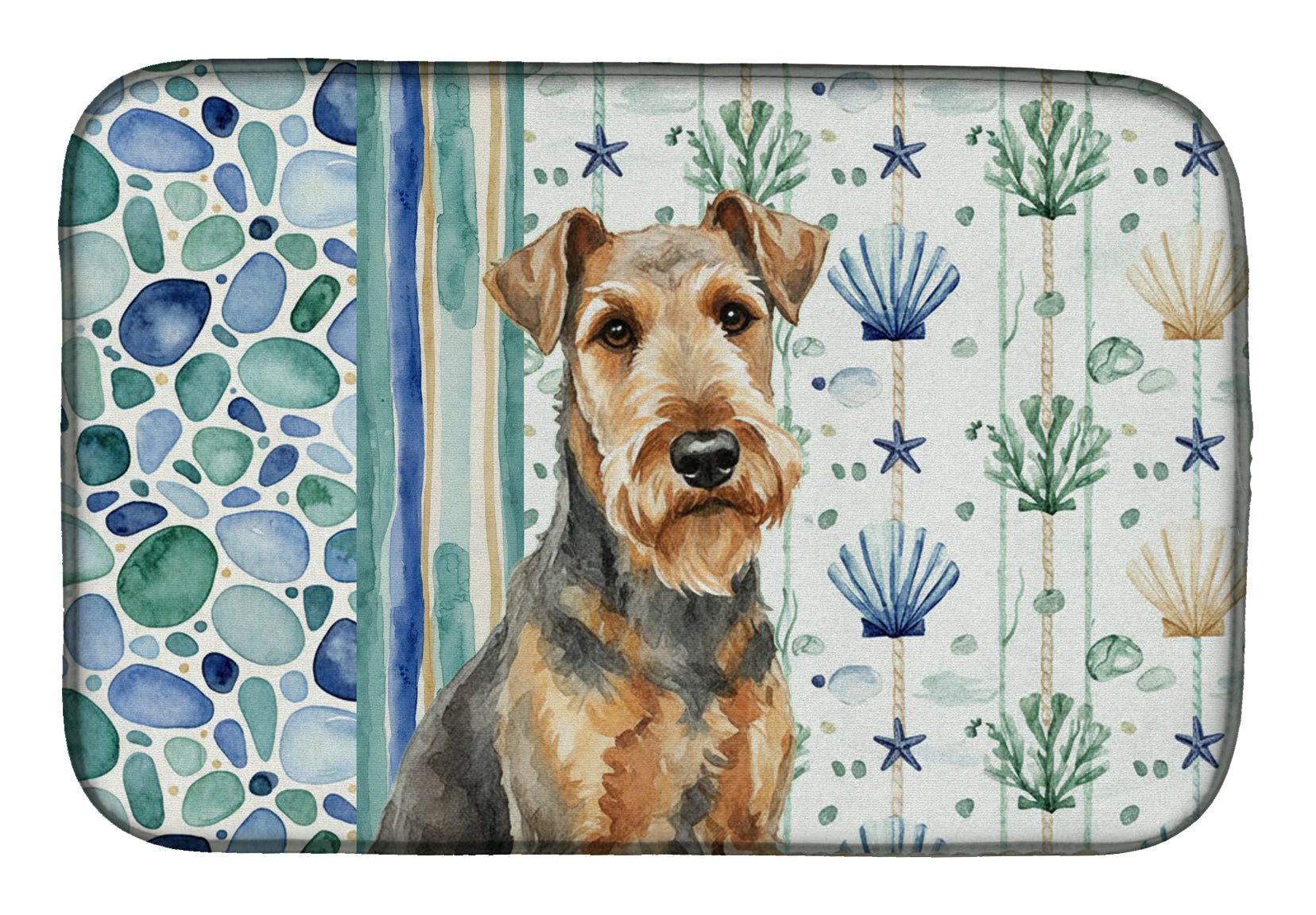 Grizzle Airedale Terrier Coastal Sea Glass Dish Drying Mat Absorbent Dish Drying Mat Pad for Kitchen Counter Dish Drainer Mat for Countertop, 14 x 21", Multicolor