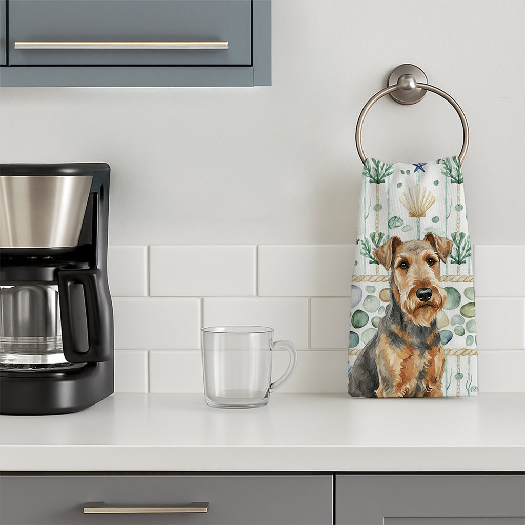 Grizzle Airedale Terrier Coastal Sea Glass Kitchen Towel Velour Plush Front and Cotton Loop Back Machine Washable