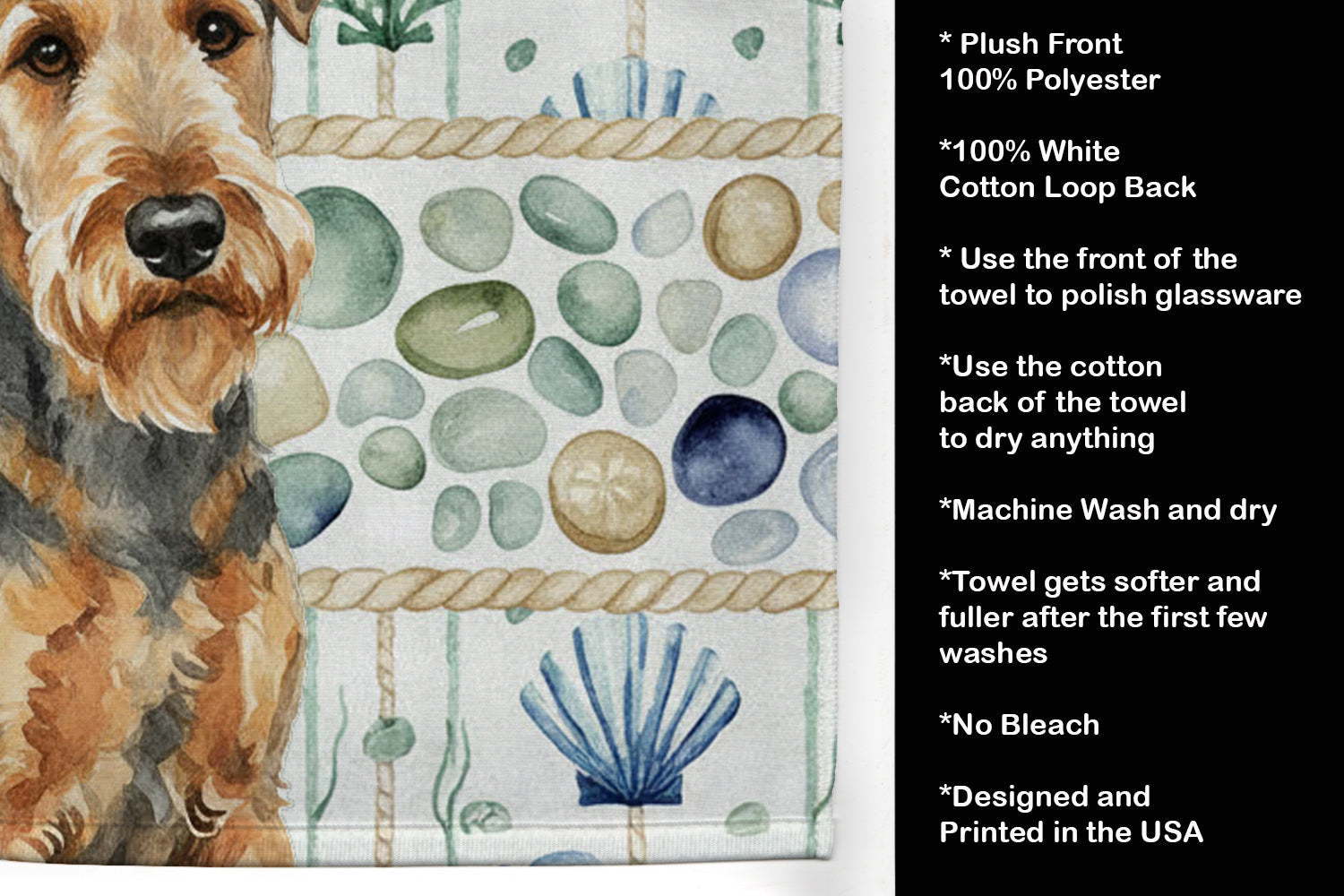 Grizzle Airedale Terrier Coastal Sea Glass Kitchen Towel Velour Plush Front and Cotton Loop Back Machine Washable