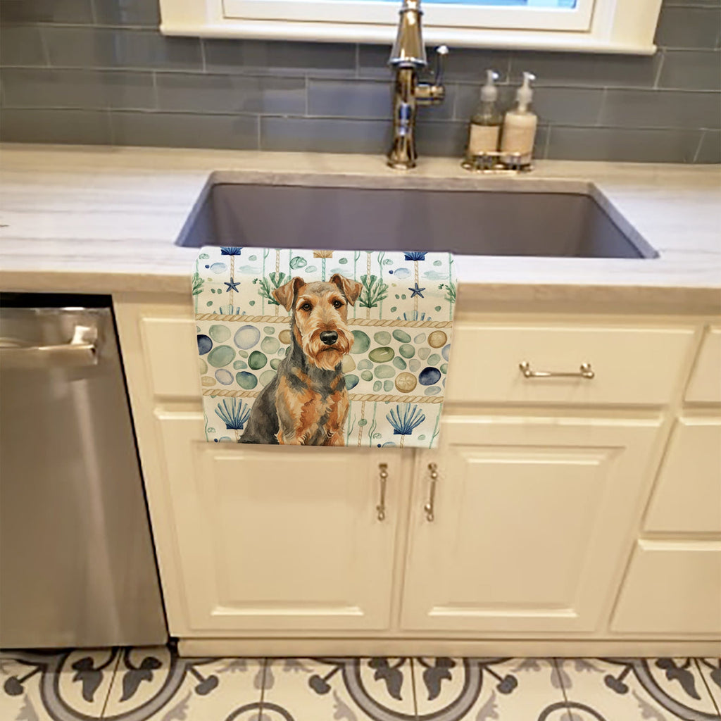 Grizzle Airedale Terrier Coastal Sea Glass Kitchen Towel Velour Plush Front and Cotton Loop Back Machine Washable