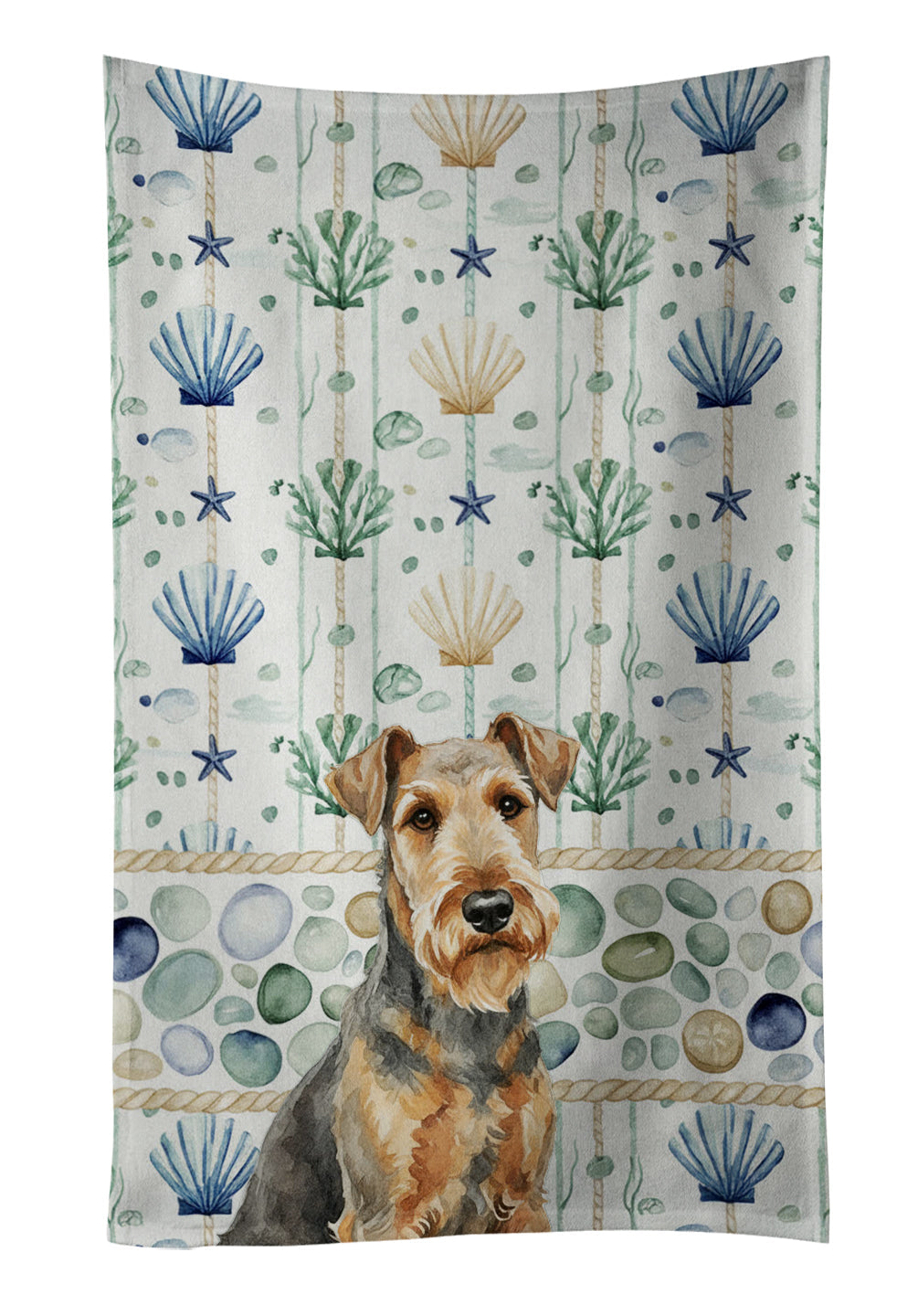 Grizzle Airedale Terrier Coastal Sea Glass Kitchen Towel Velour Plush Front and Cotton Loop Back Machine Washable