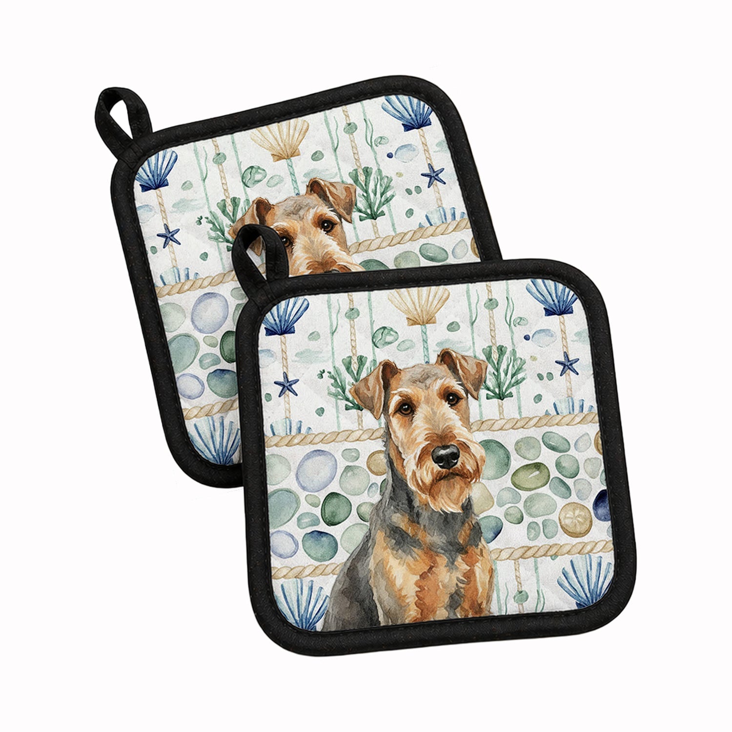 Grizzle Airedale Terrier Coastal Sea Glass Pot Holder Set of 2 Heat Resistant Quilted Hot Pads 7.5 x 7.5 Inch, Insulated Kitchen Trivets for Cooking & Baking