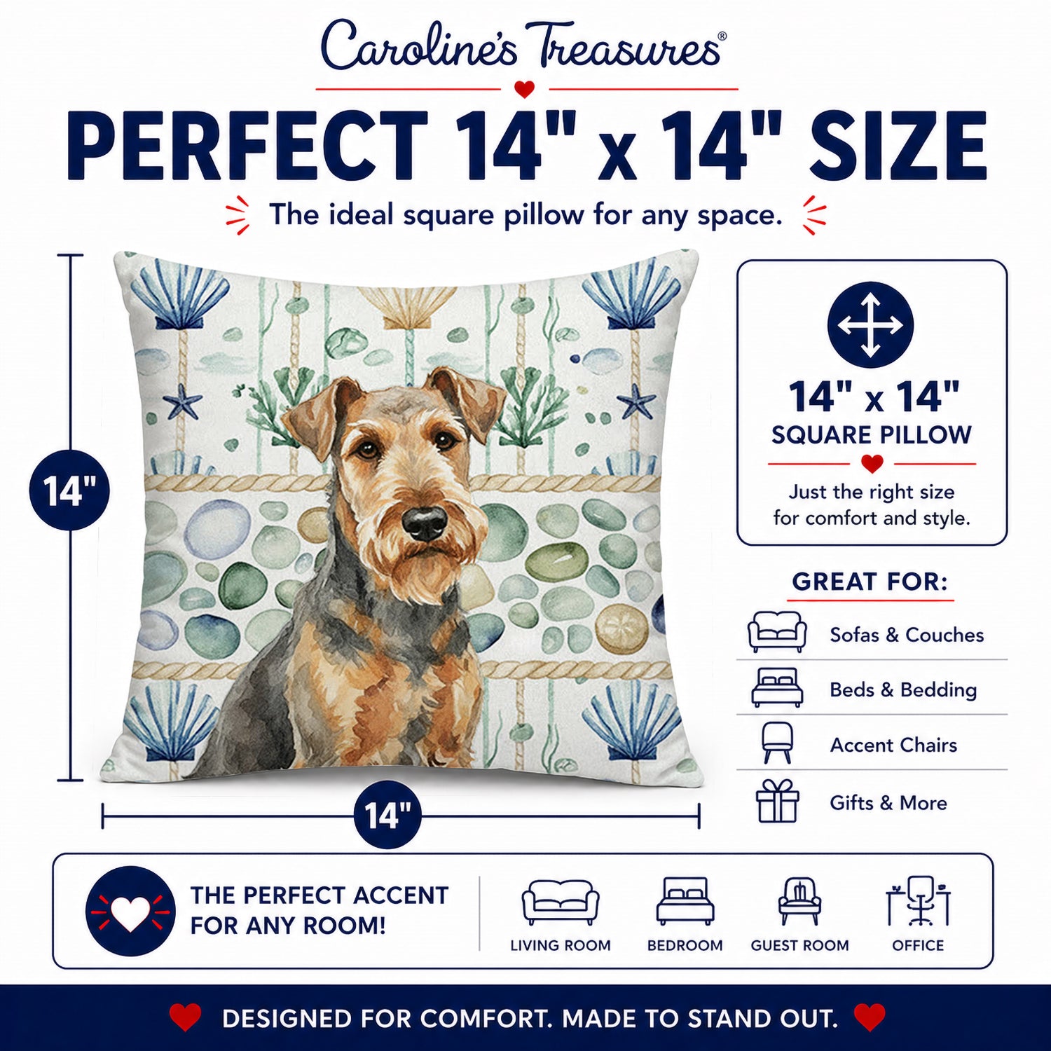 Grizzle Airedale Terrier Coastal Sea Glass Decorative Throw Pillow 14x14 Indoor Outdoor Accent Cushion, Fabric Cover with Insert for Sofa, Bed, Porch & Living Room