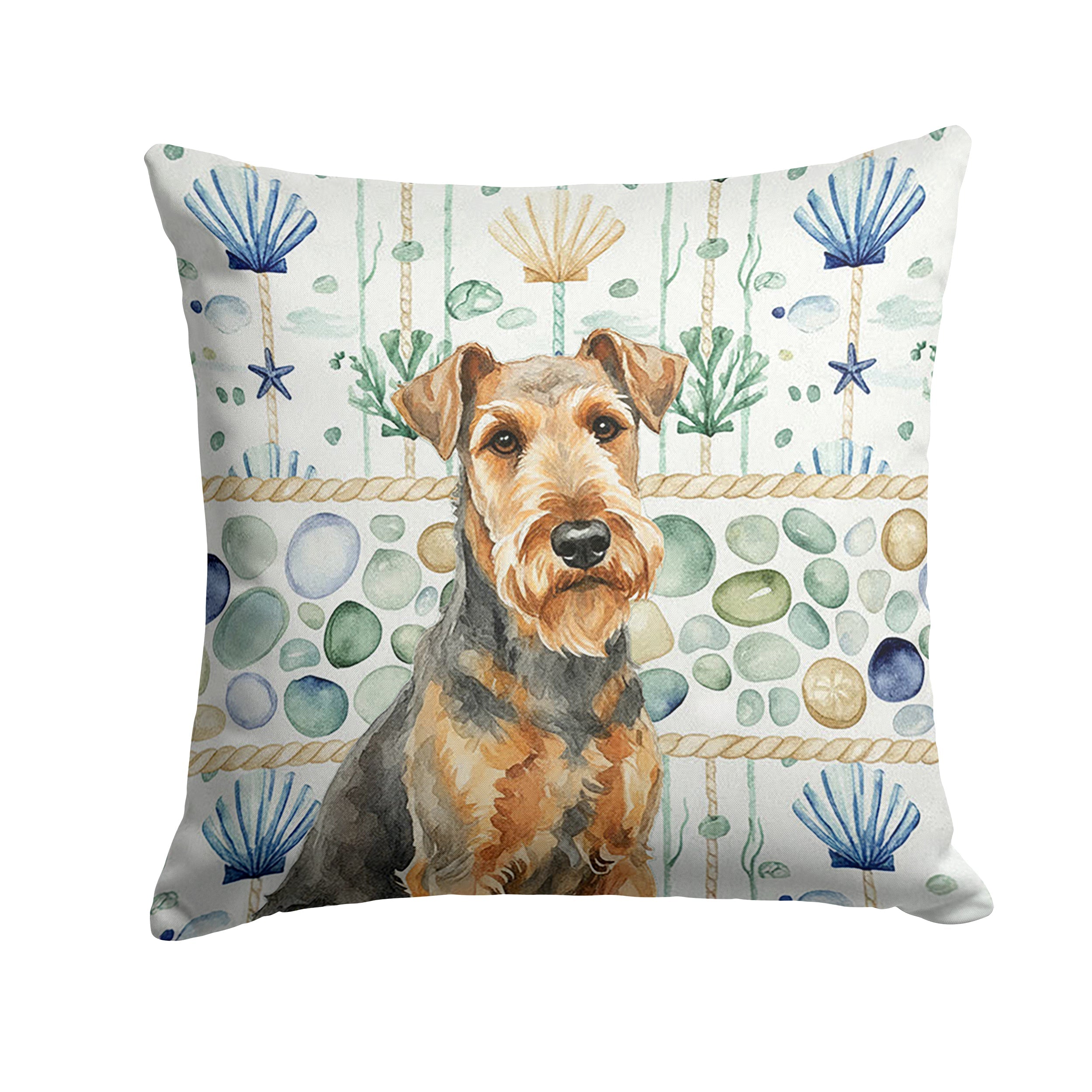 Grizzle Airedale Terrier Coastal Sea Glass Decorative Throw Pillow 14x14 Indoor Outdoor Accent Cushion, Fabric Cover with Insert for Sofa, Bed, Porch & Living Room