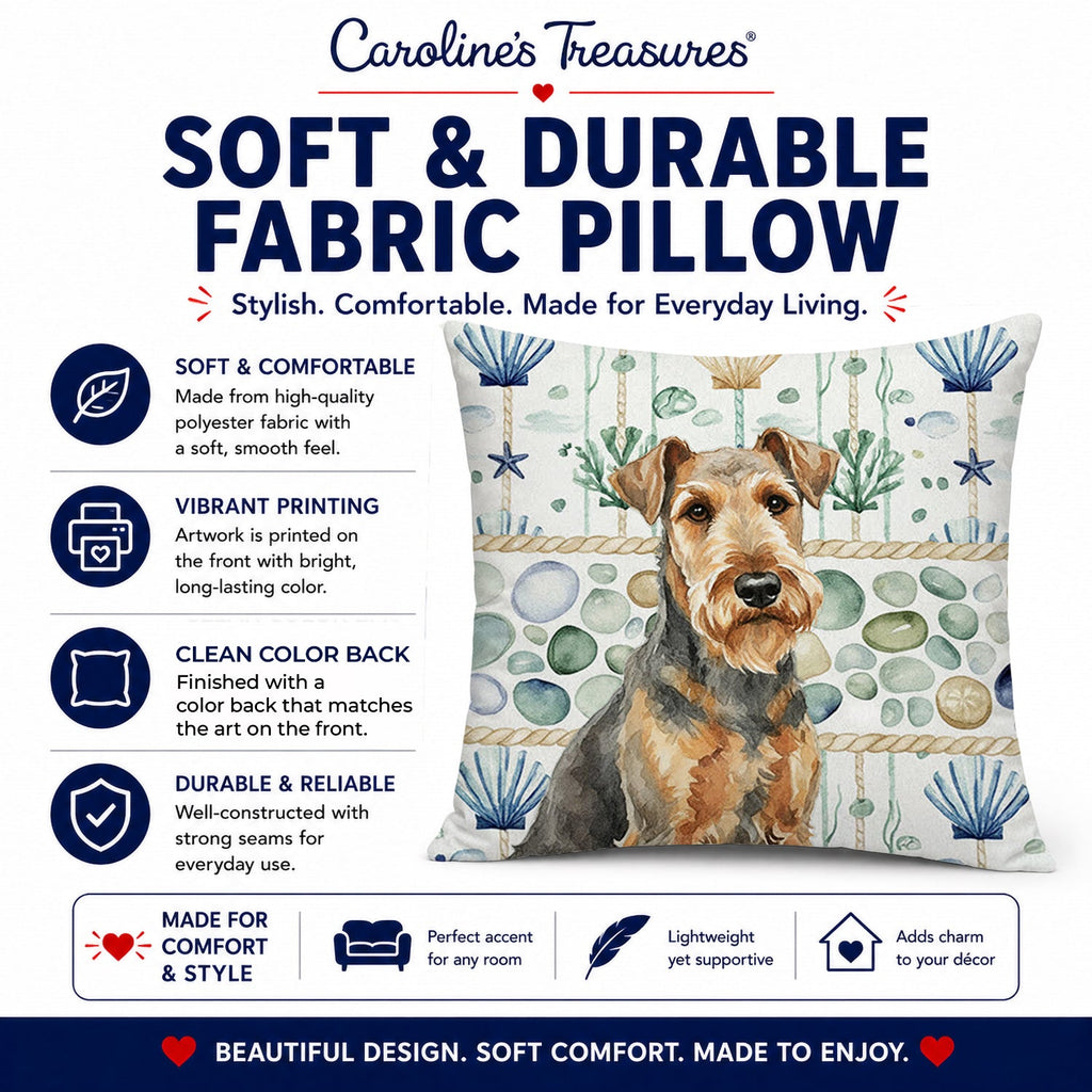 Grizzle Airedale Terrier Coastal Sea Glass Decorative Throw Pillow 18x18 Indoor Outdoor Accent Cushion, Fabric Cover with Insert for Sofa, Bed, Porch & Living Room