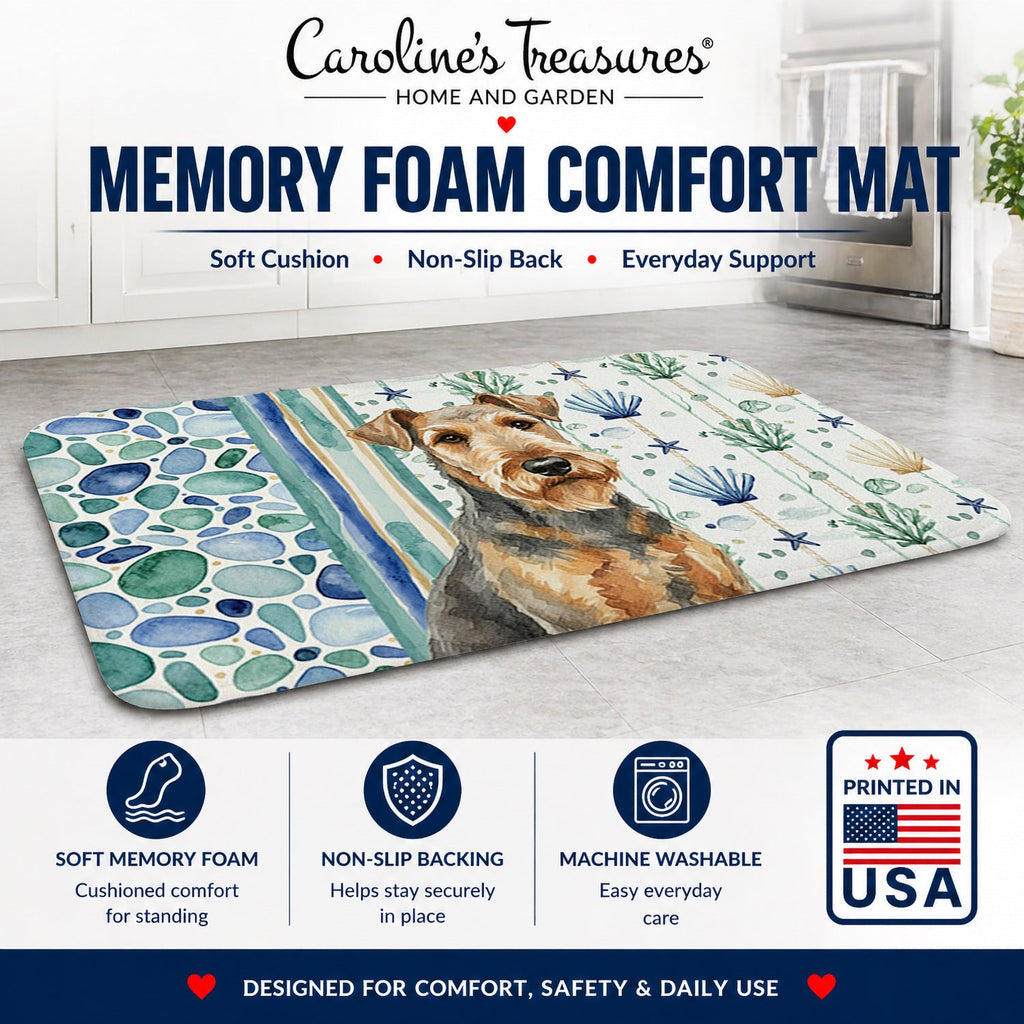 Grizzle Airedale Terrier Coastal Sea Glass Memory Foam Kitchen Mat Machine Washable Anti-Fatigue Cushion Comfort Bath or Kitchen Rug