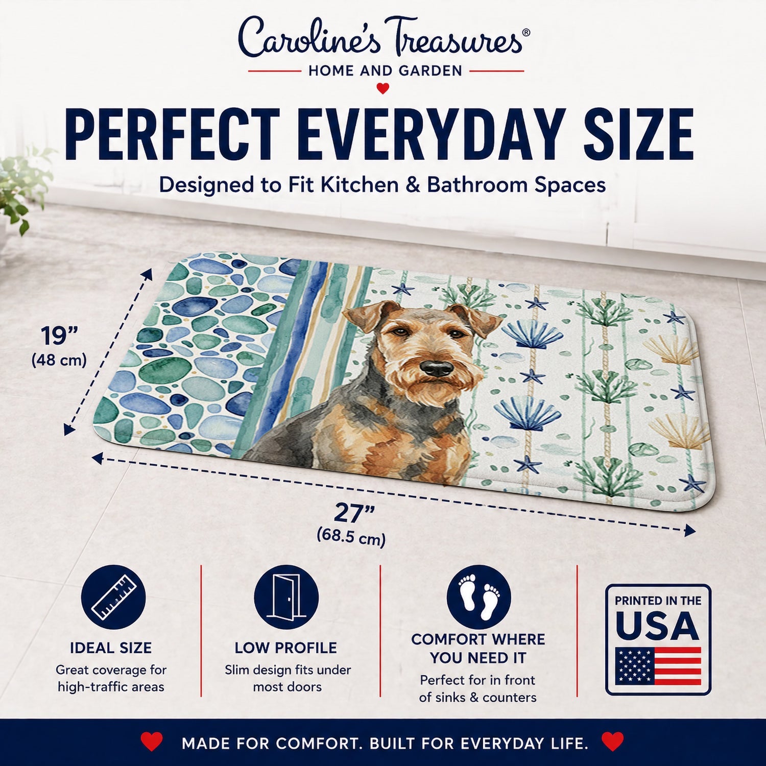 Grizzle Airedale Terrier Coastal Sea Glass Memory Foam Kitchen Mat Machine Washable Anti-Fatigue Cushion Comfort Bath or Kitchen Rug