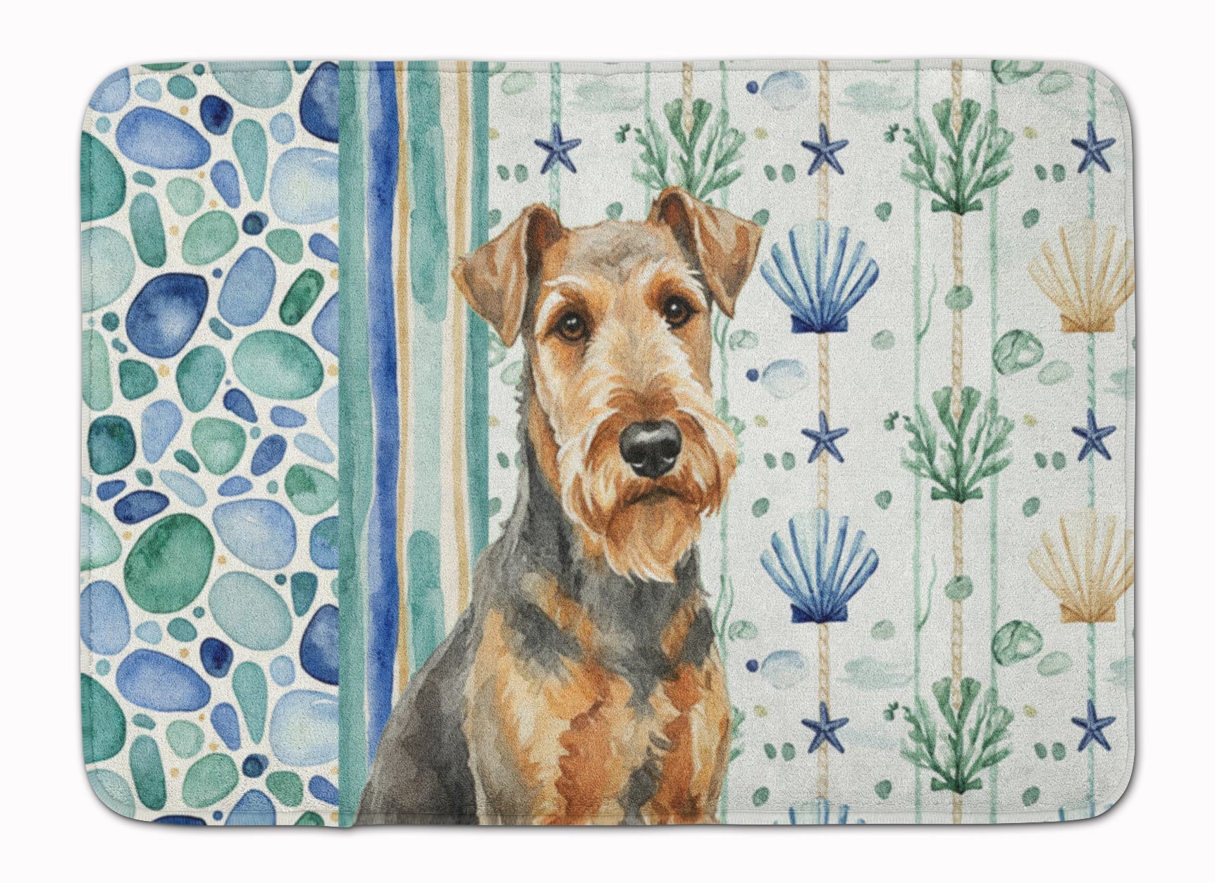 Grizzle Airedale Terrier Coastal Sea Glass Memory Foam Kitchen Mat Machine Washable Anti-Fatigue Cushion Comfort Bath or Kitchen Rug