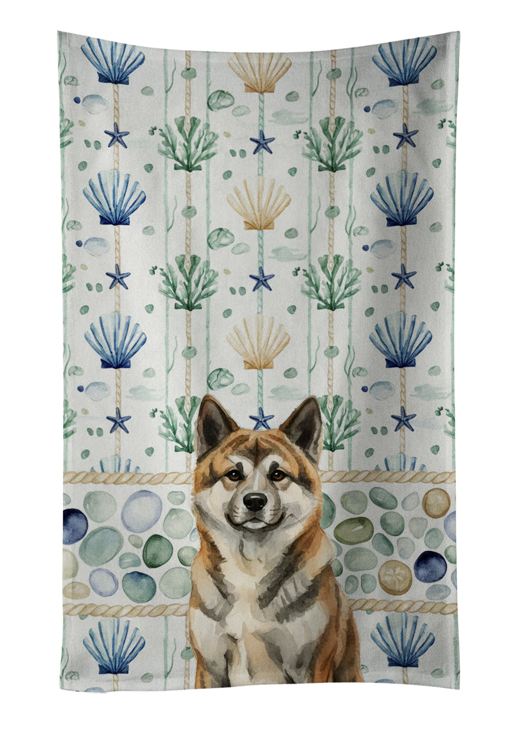 Brindle Akita Coastal Sea Glass Kitchen Towel Velour Plush Front and Cotton Loop Back Machine Washable