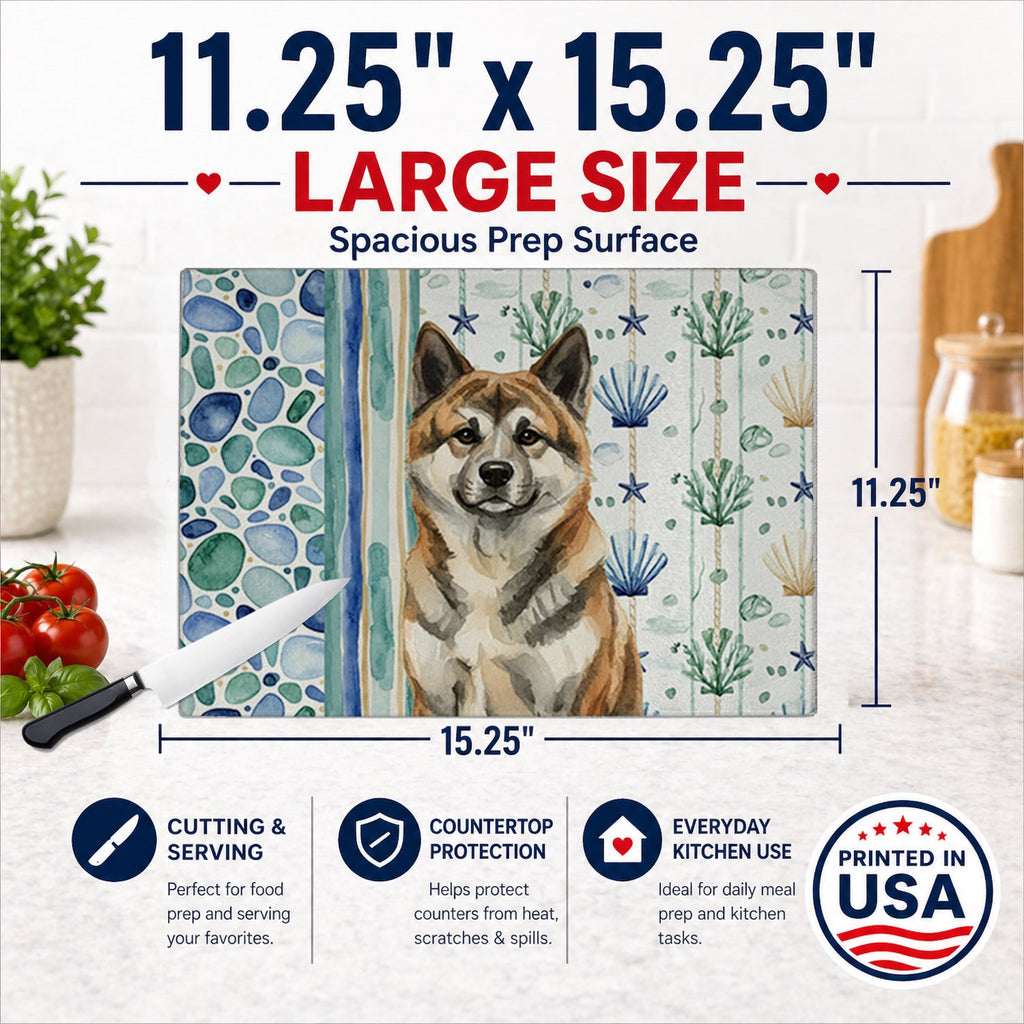Brindle Akita Coastal Sea Glass Cutting Board Tempered Glass Kitchen Cutting Surface, Heat Resistant Chopping, Non-Slip Feet, Food Prep & Serving