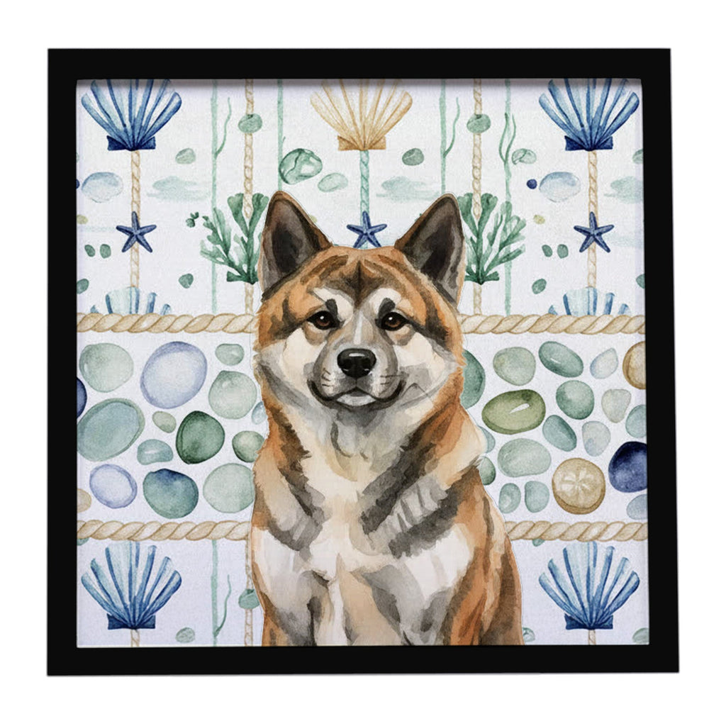 Brindle Akita Coastal Sea Glass Framed Metal Print Bathroom, Kitchen, Office, Home Decor Wall Art Ready to Hang, Square, 8X8