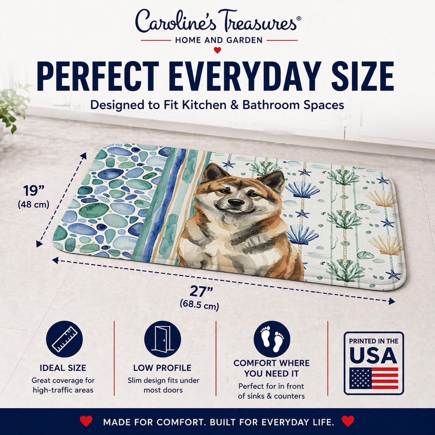 Brindle Akita Coastal Sea Glass Memory Foam Kitchen Mat Machine Washable Anti-Fatigue Cushion Comfort Bath or Kitchen Rug
