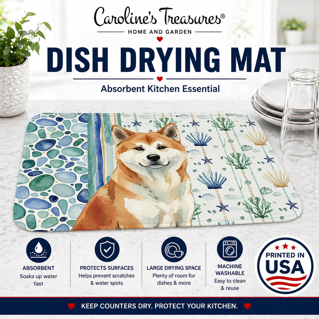 Red Akita Coastal Sea Glass Dish Drying Mat Absorbent Dish Drying Mat Pad for Kitchen Counter Dish Drainer Mat for Countertop, 14 x 21", Multicolor