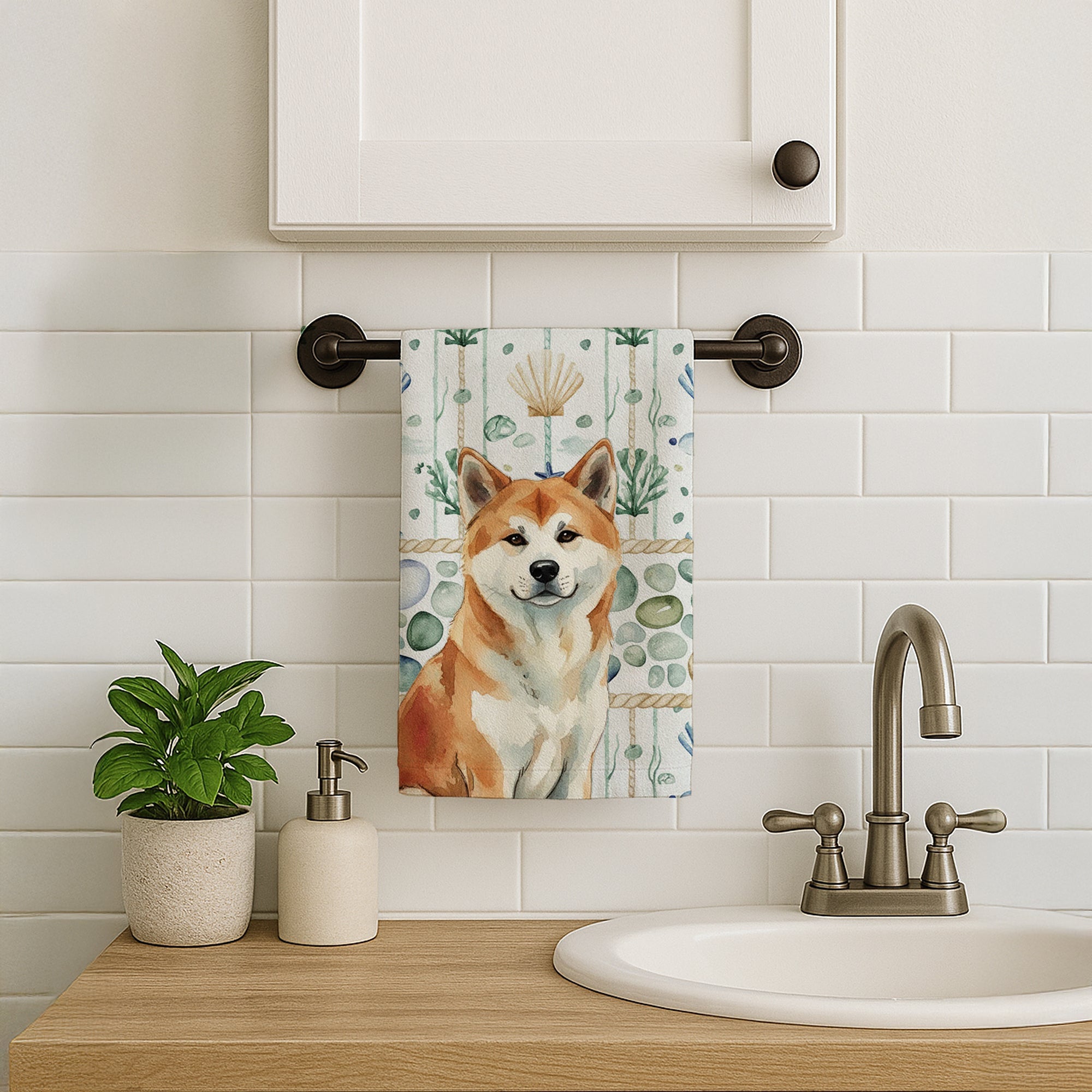 Red Akita Coastal Sea Glass Kitchen Towel Velour Plush Front and Cotton Loop Back Machine Washable