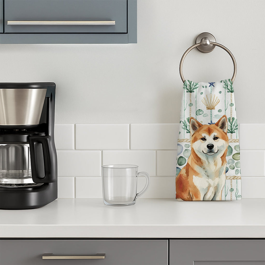 Red Akita Coastal Sea Glass Kitchen Towel Velour Plush Front and Cotton Loop Back Machine Washable