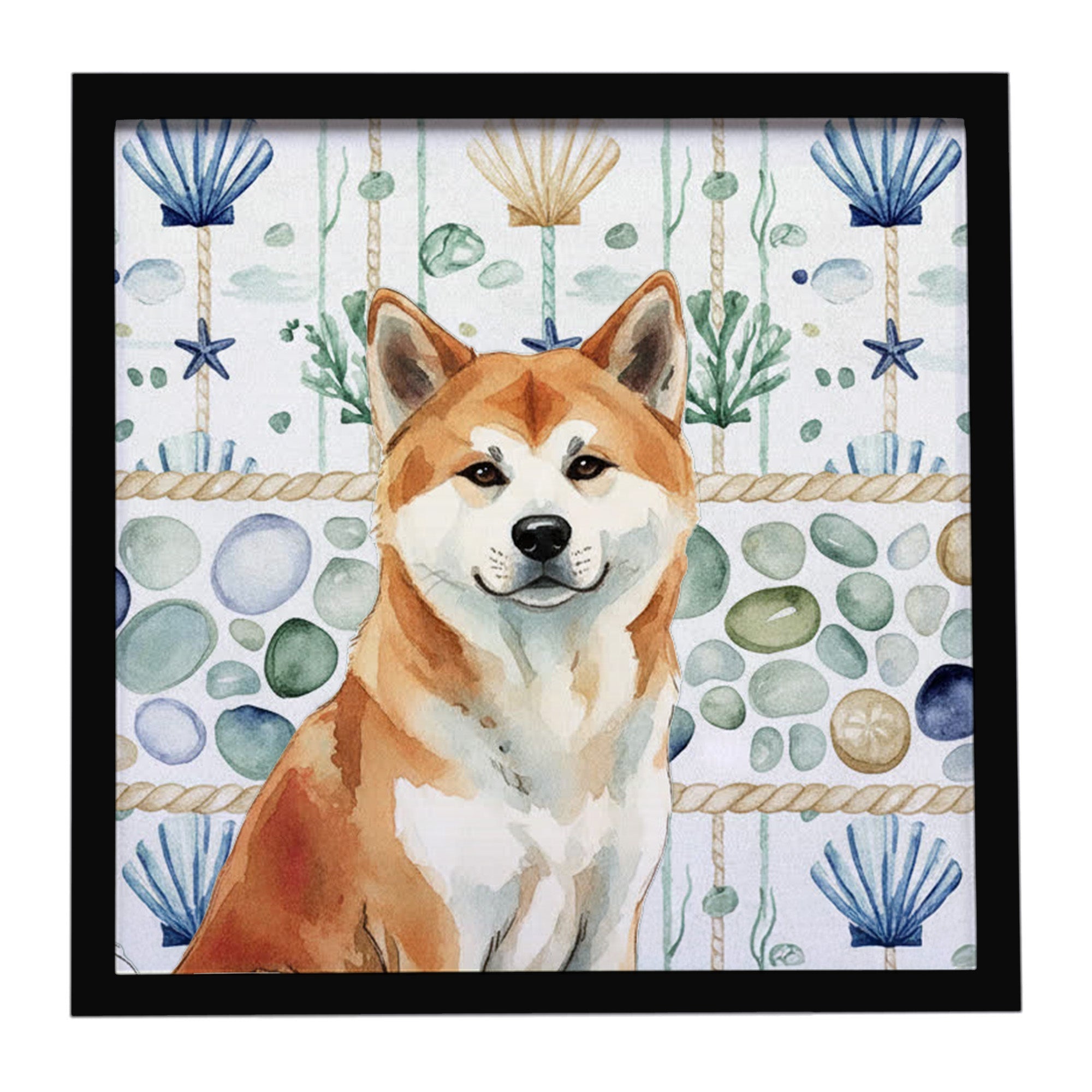 Red Akita Coastal Sea Glass Framed Metal Print Bathroom, Kitchen, Office, Home Decor Wall Art Ready to Hang, Square, 8X8