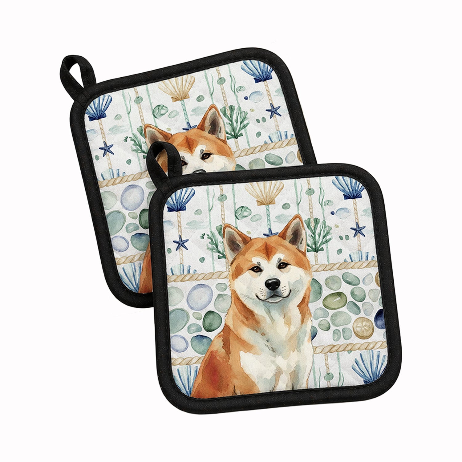 Red Akita Coastal Sea Glass Pot Holder Set of 2 Heat Resistant Quilted Hot Pads 7.5 x 7.5 Inch, Insulated Kitchen Trivets for Cooking & Baking