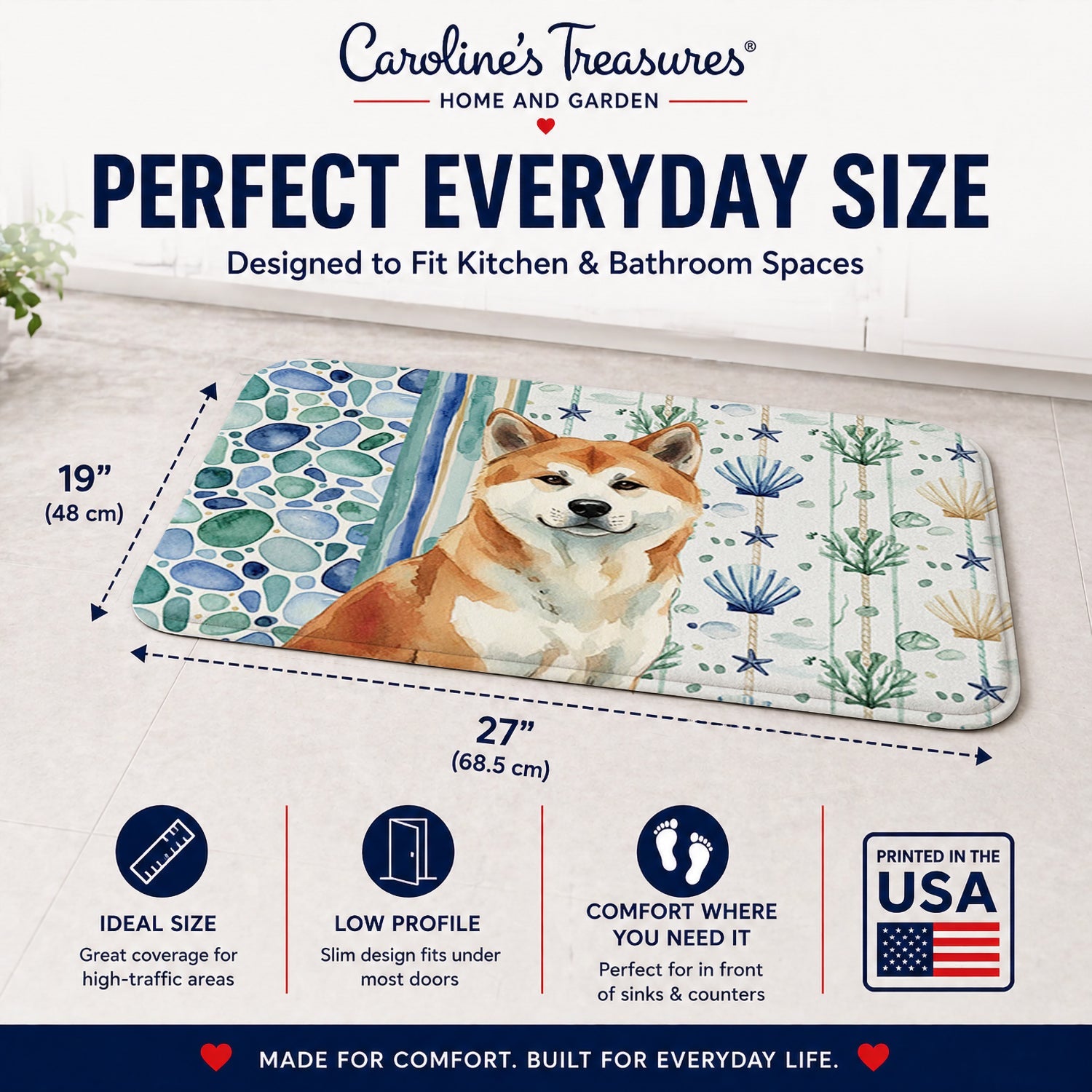 Red Akita Coastal Sea Glass Memory Foam Kitchen Mat Machine Washable Anti-Fatigue Cushion Comfort Bath or Kitchen Rug