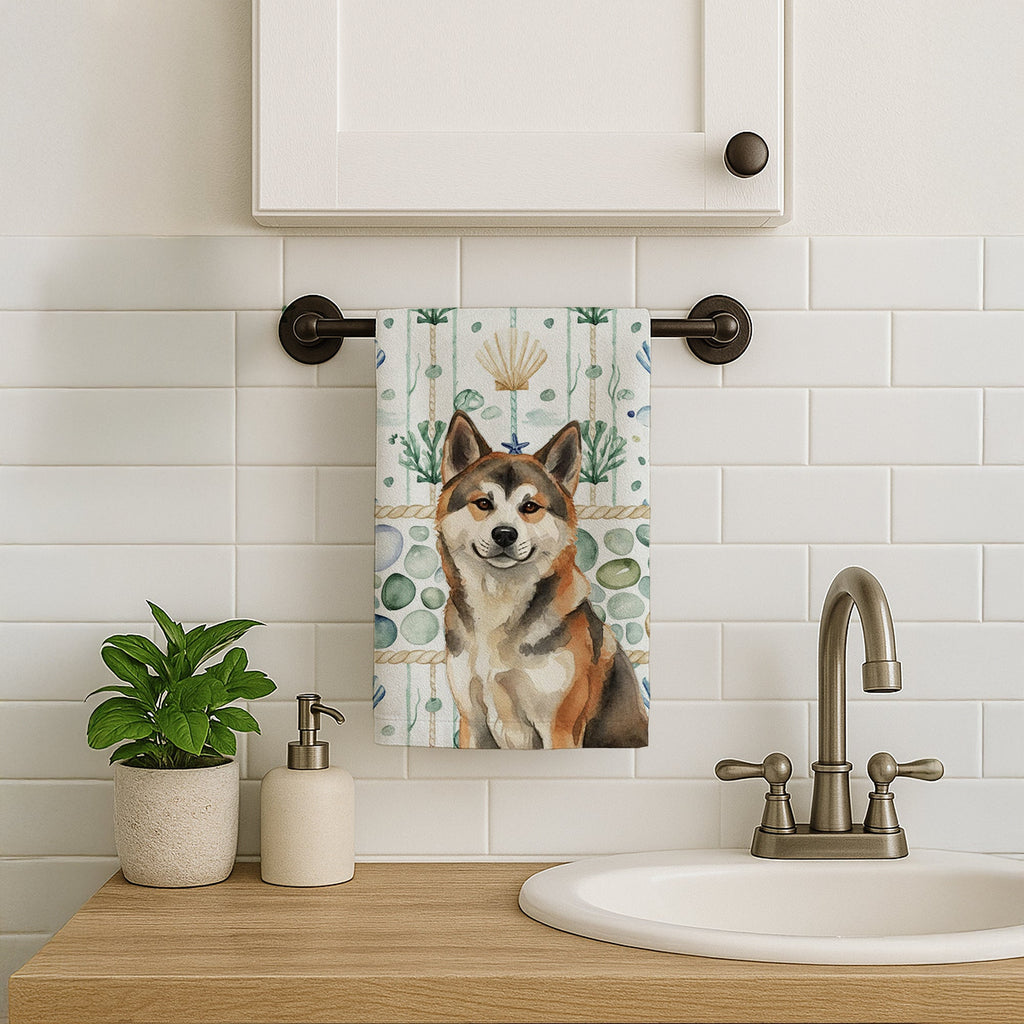 Sesame Akita Coastal Sea Glass Kitchen Towel Velour Plush Front and Cotton Loop Back Machine Washable