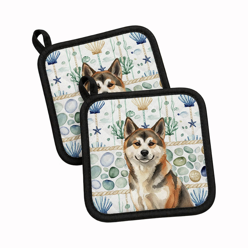 Sesame Akita Coastal Sea Glass Pot Holder Set of 2 Heat Resistant Quilted Hot Pads 7.5 x 7.5 Inch, Insulated Kitchen Trivets for Cooking & Baking