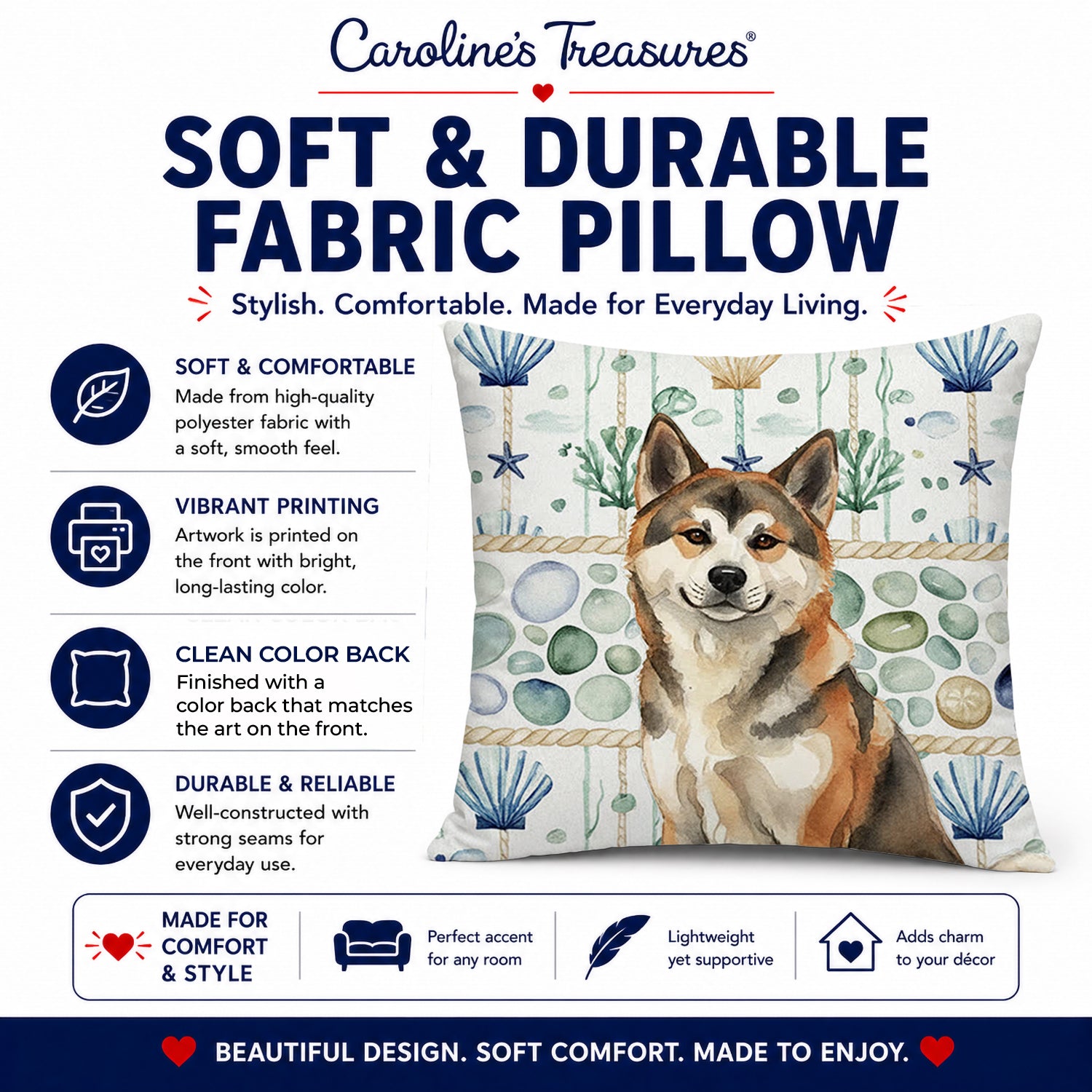 Sesame Akita Coastal Sea Glass Decorative Throw Pillow 18x18 Indoor Outdoor Accent Cushion, Fabric Cover with Insert for Sofa, Bed, Porch & Living Room